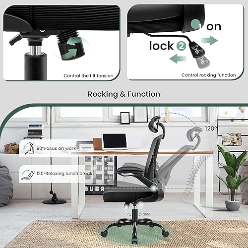 Miniatura 7 de Ergonomic Office Chair KERDOM Breathable Mesh Desk Chair Lumbar Support Computer Chair with Headrest and Flip-up Arms Swivel Task Chair Adjustable
