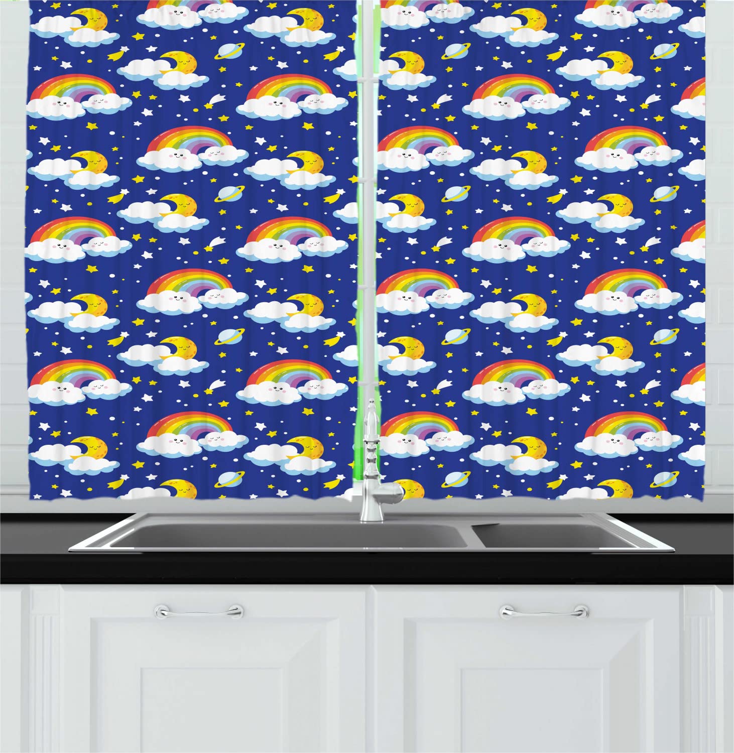Lunarable Cartoon Long Kitchen Curtains, Sleep Well Theme Clouds Rainbow Night Stars Planets Themed, 2 Panel Set Drapes with Rod Pocket Room Decor, 55