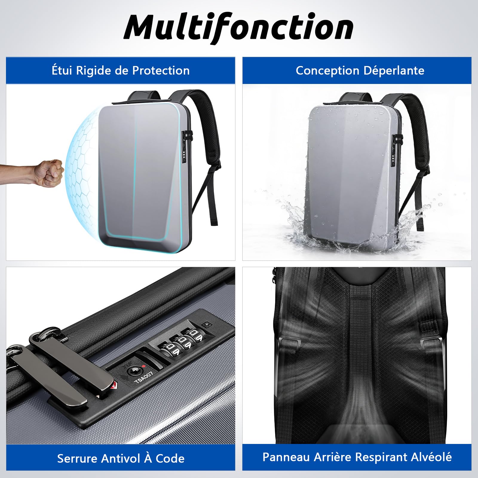 VARLIVOO Hommes Sac à Dos avec USB Port Daypack Ordinateur Portable 15.6" Pouces Antivol Mot Passe Verrouiller Sacs D'école École Collège Entreprise Travail Université Voyager Polyester Argent