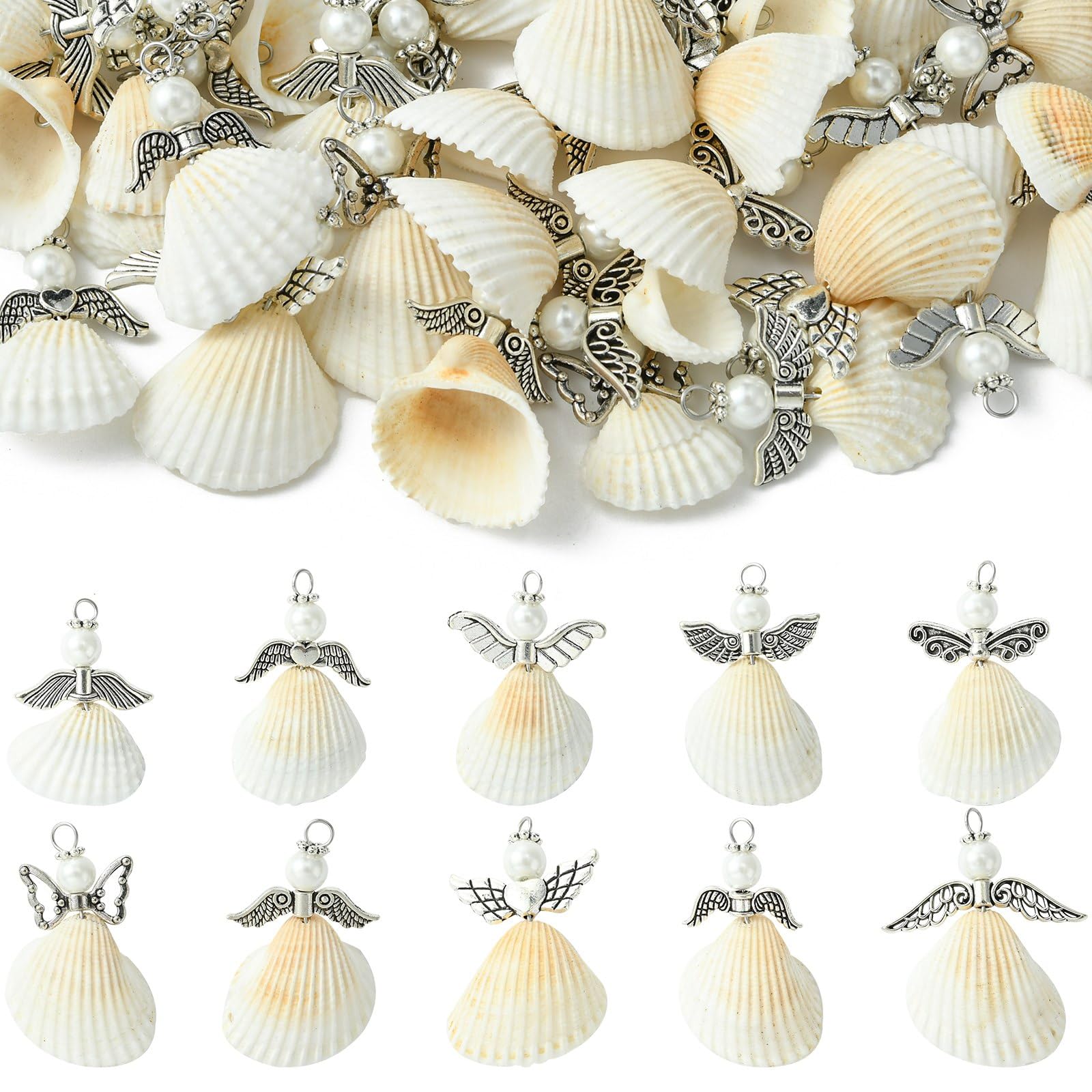 UR URLIFEHALL 50 Pcs 10 Styles White Angel Charms with White Shell Fairy Wing Bead Charms for Jewellery Making Lucky Crafts Keychain Earring