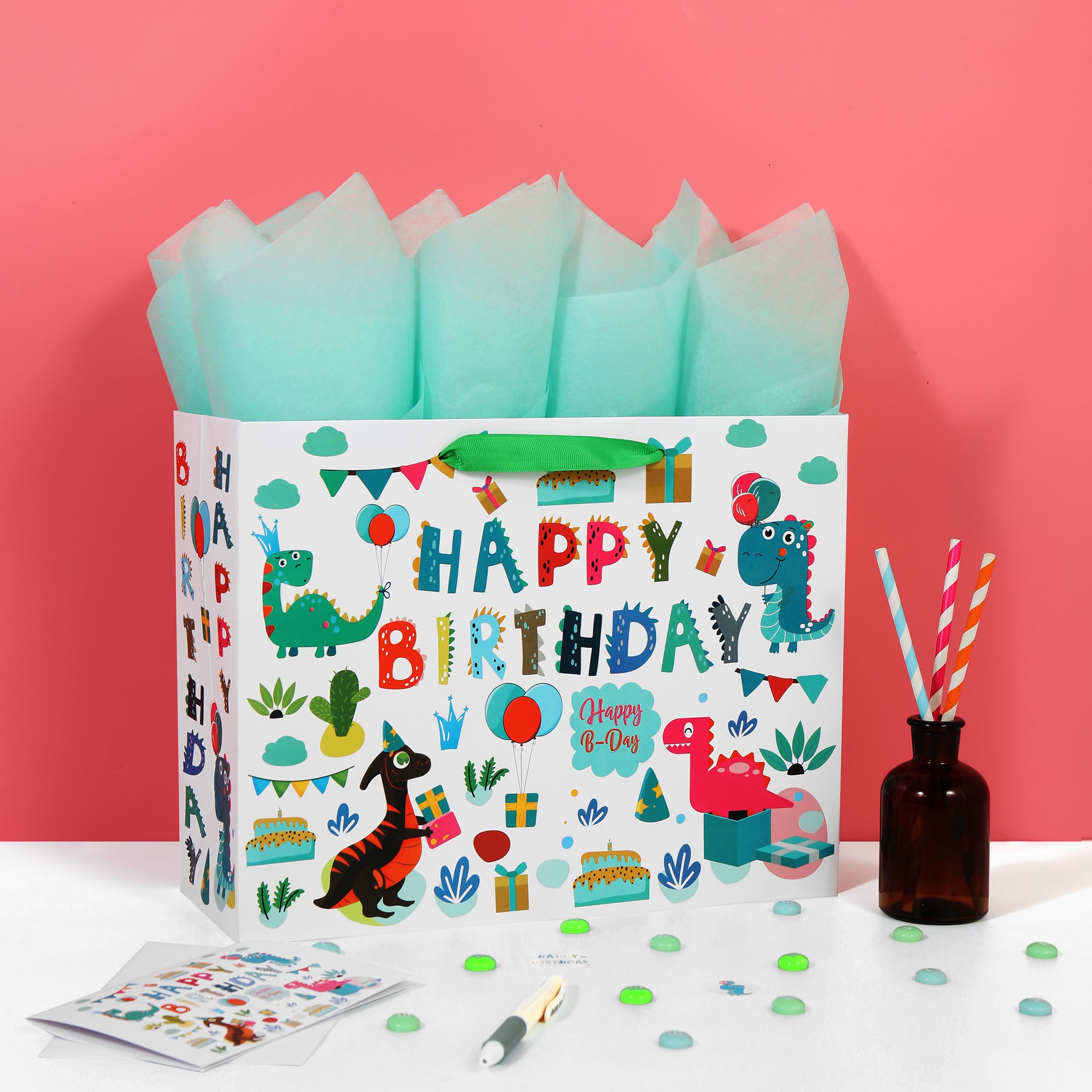 Duża biała torba na prezent 33 cm (dinozaur i wszystkiego najlepszego) na imprezy dla dziewcząt lub dzieci, baby shower, dziewczynki, noworodki, nowe mamy lub rodzice, 33 x 13 x 25 cm, 1 szt