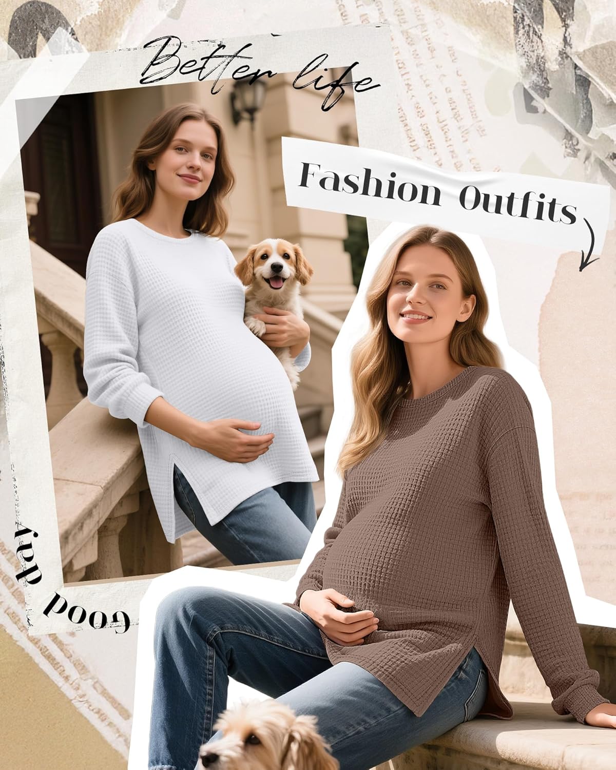 3 Pack Women's Maternity Shirts Long Sleeve Waffle Knit Side Split Oversized Tops Pregnancy Clothes Fall Tees - Image 2