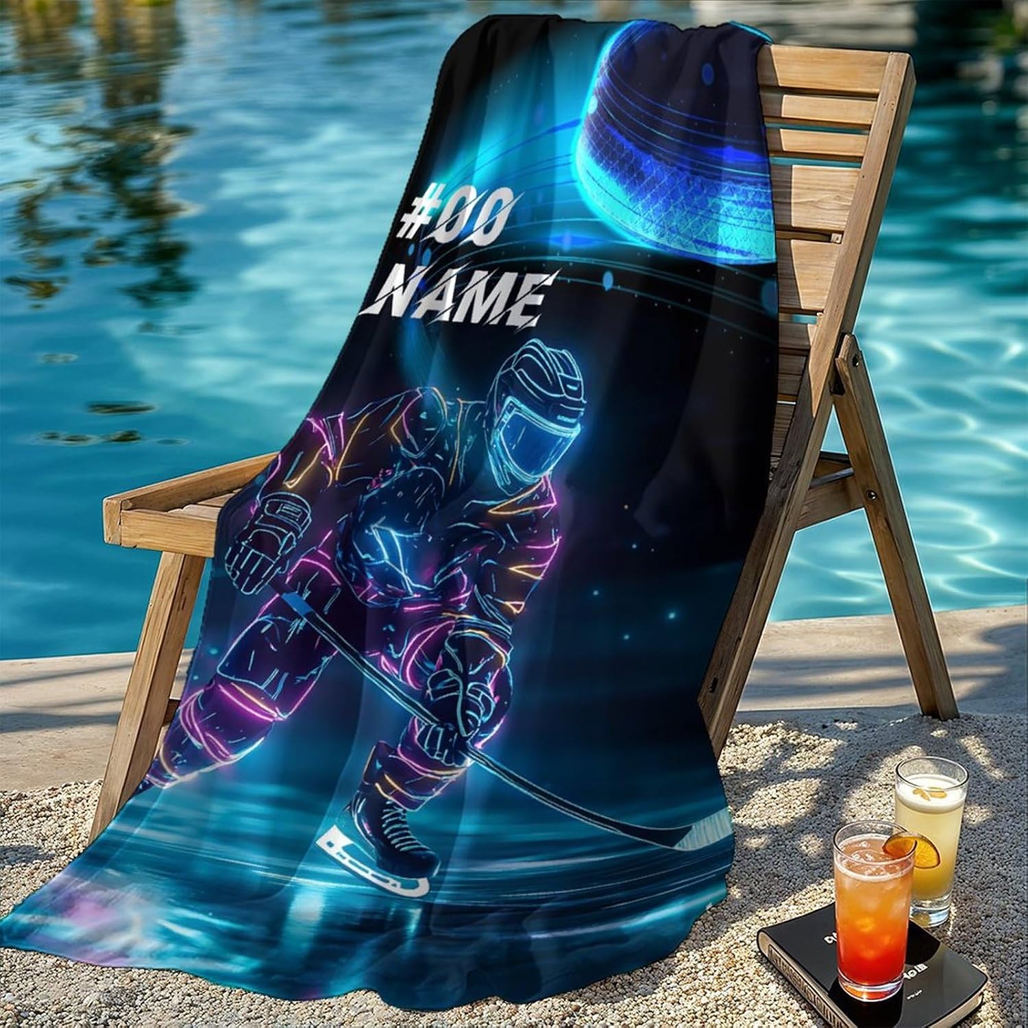 Personalized Hockey Bath Towels for Boys, Custom Cool Sports Beach Towel, 40x70 Inch Camping Beach Accessories Easy Pack Travel Things for Vacation Essentials Gift