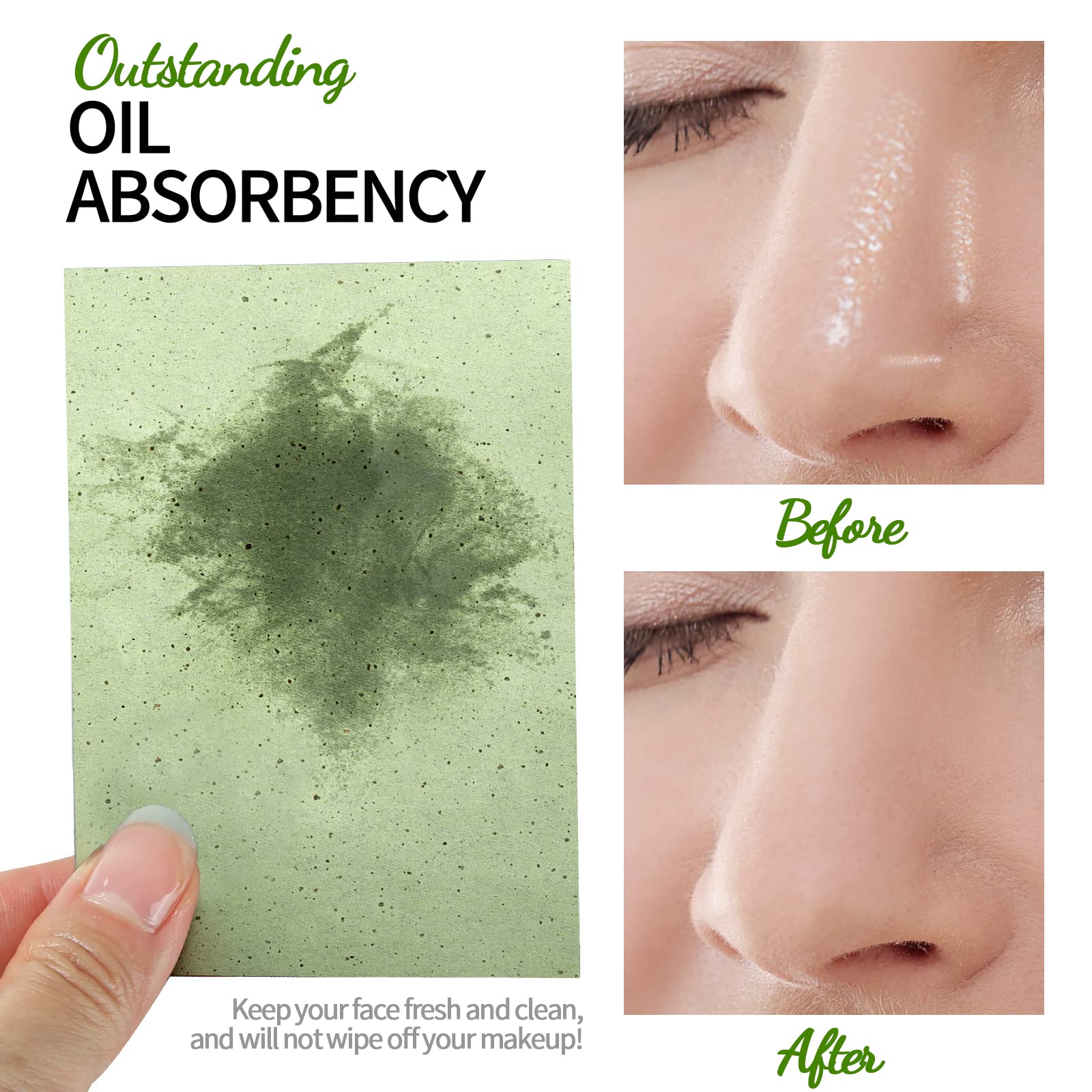 200 Counts Oil Blotting Sheets, FANDAMEI Blotting Paper for Oily Skin, Oil Control Film, Oil Absorbing Sheets, Oil Absorbing Tissues, 10cm x 7cm, Green Tea 3