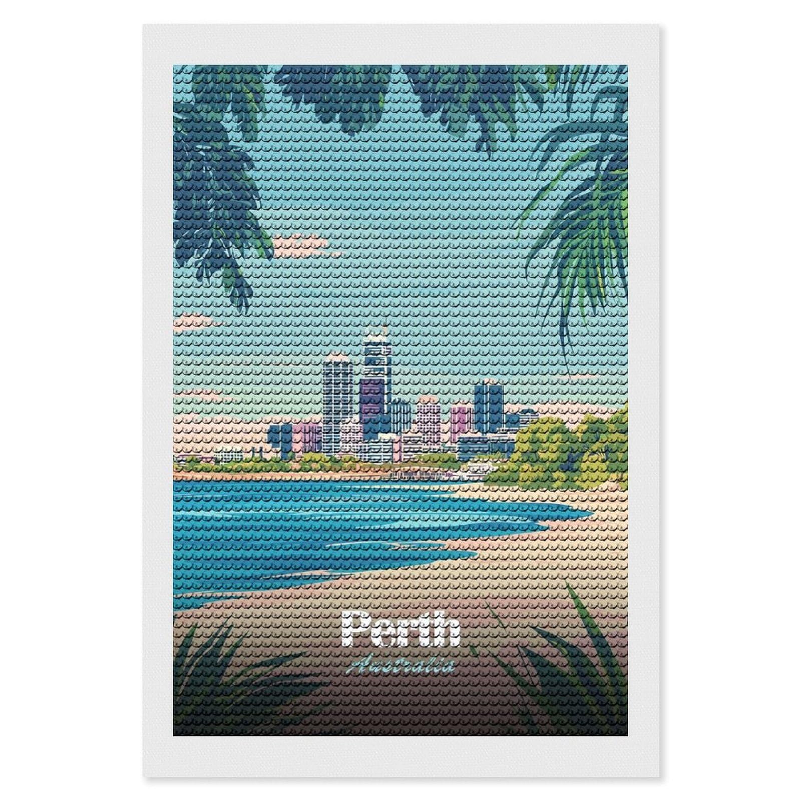 Junmoney Perth Skyline Diamond Art Kit 8"x12", Modern Decor, Farmhouse Decor, Home Wall Art, Festive Craft Gift, Handmade Wall Decor