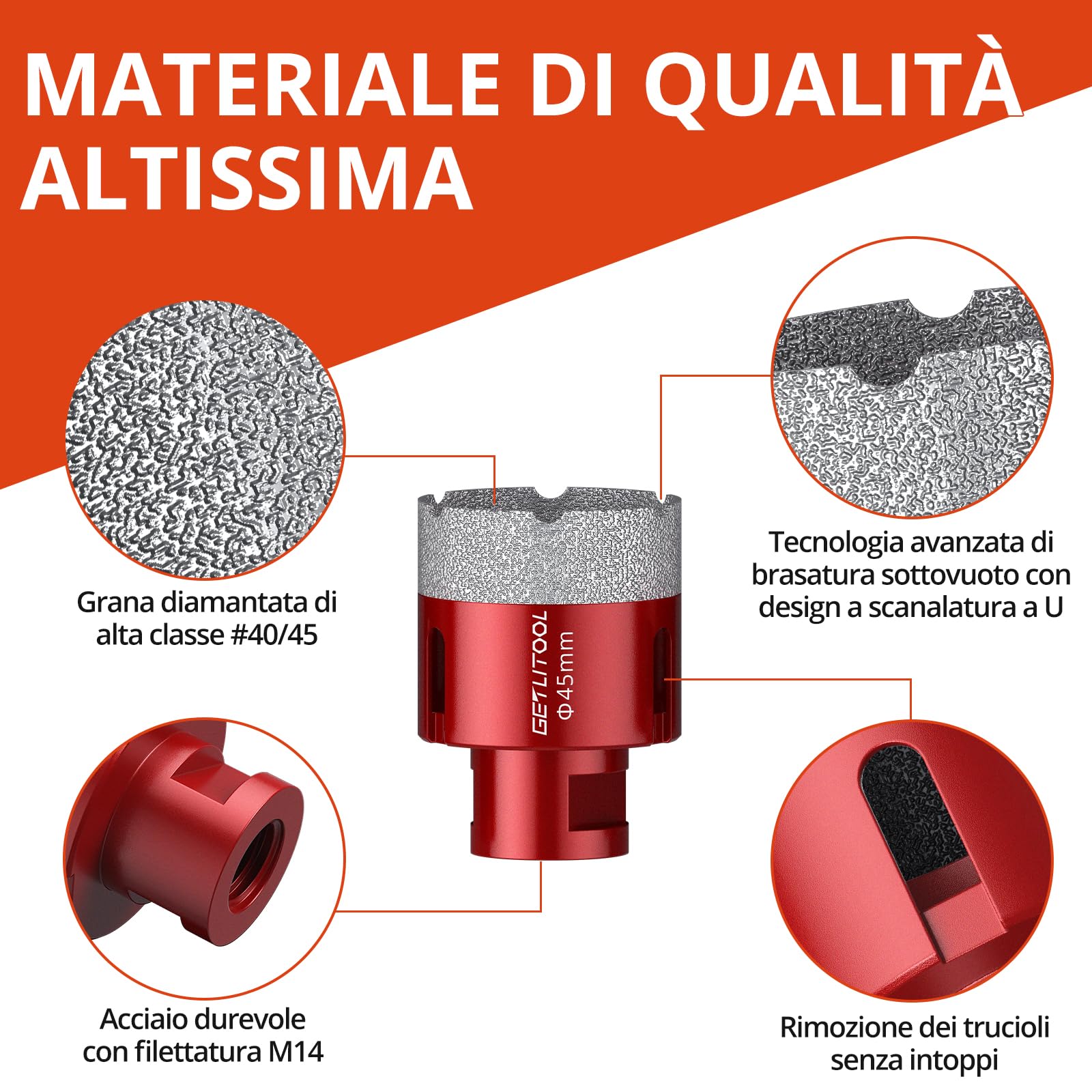 GETLITOOL Set Punte Diamantate 11 Pezzi per Smerigliatrice Angolare M14, Taglio Asciutto/Bagnato per Piastrelle, Marmo, Granito, con 9 Punte 6-68mm, 2 Dischi Diamantati 125mm e Valigetta in Alluminio