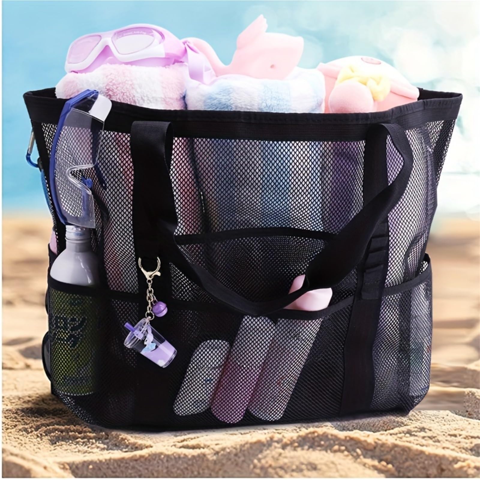 Borsa da Spiaggia in Rete con Grande capacità, Organizer da Bagno in Rete, Ideale for Spiaggia e Doccia. per Viaggio, Piscina