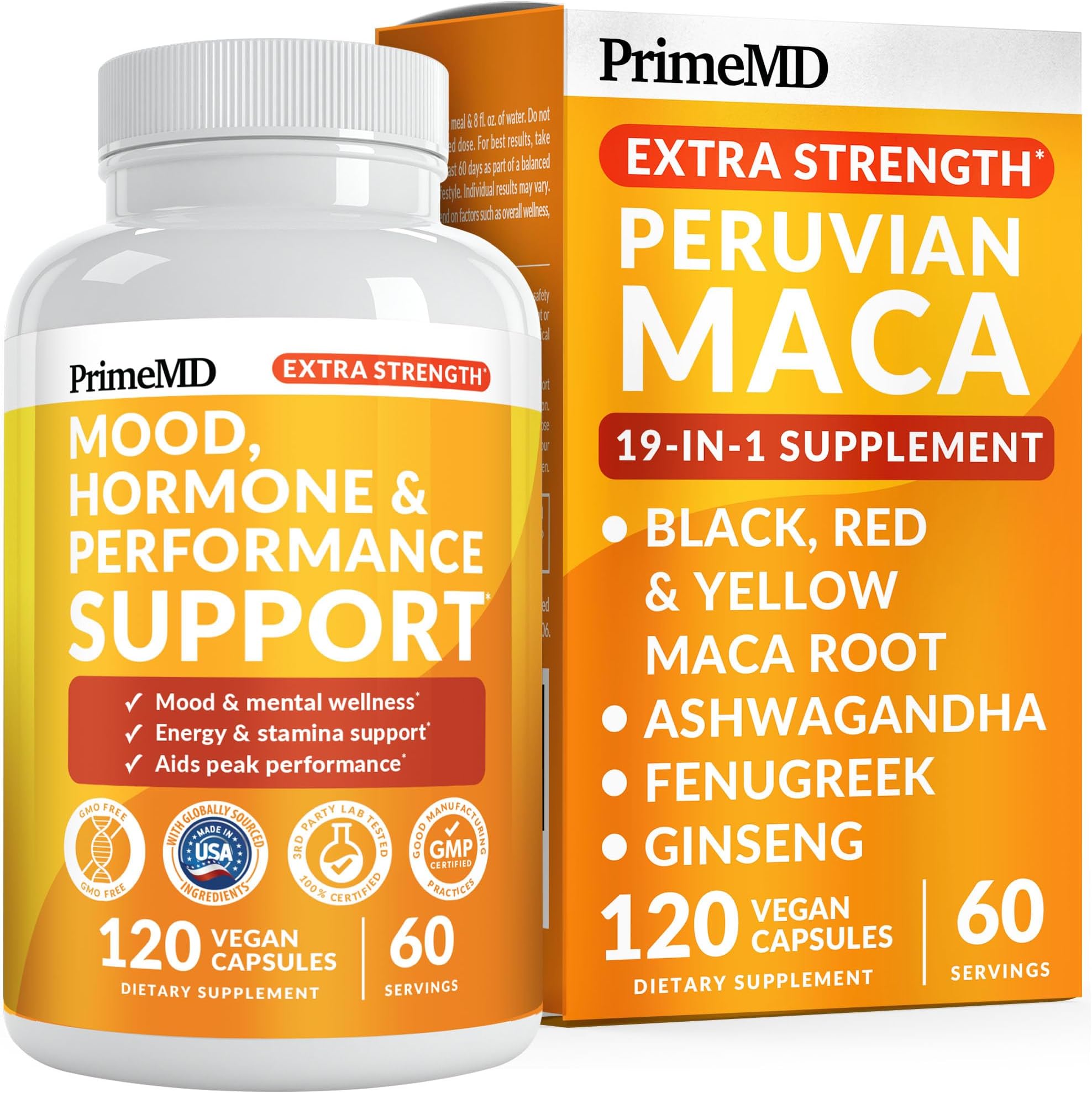 19-in-1 Extra Strength Peruvian Maca Root Capsules - 9125 mg Ashwagandha Supplements with Fenugreek and Ginseng for Mood, Hormone and Performance Support (120 ct)