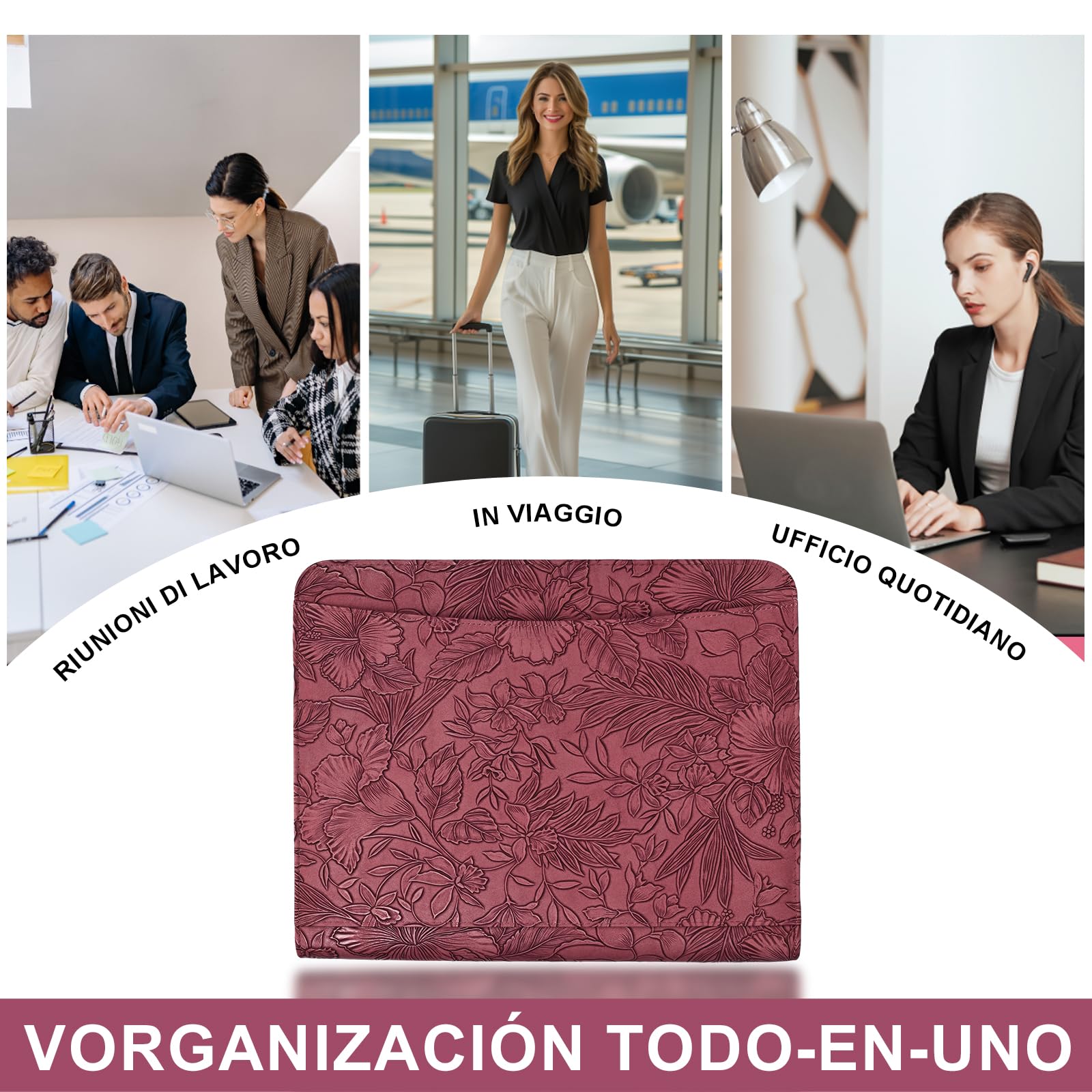 Leathario Carpeta de Conferencias A4 con Carpeta, Carpeta de Documentos para Viaje con 3 cuadernos y 10 páginas de índice transparente