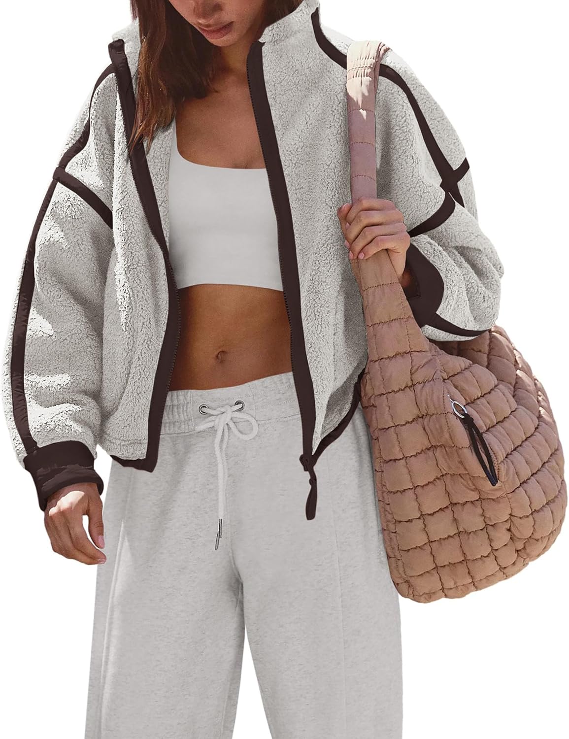 Womens Fleece Zip Up Jacket Sherpa Fuzzy Teddy Jackets Color Block Casual Oversized Coats Winter Outerwear - Image 2