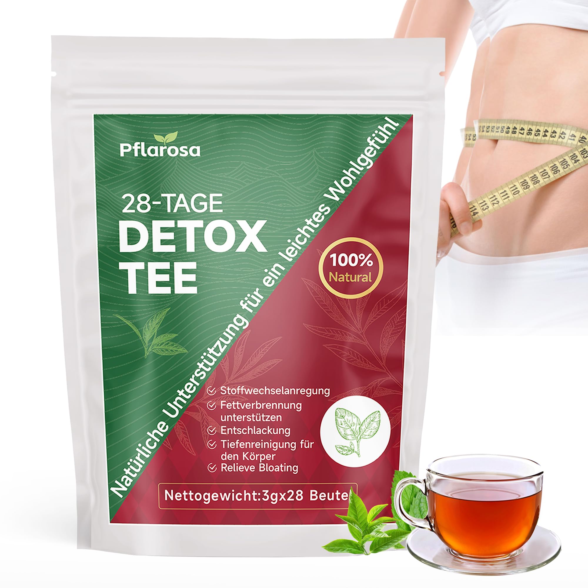 Detox Tee zum Abnehmen, 28 Stück abnehmentee entgiften, Bauchfett verbrennen, Reduziert Blähbauch, Natürliche Kräutermischung mit Oolong, Grünteeextrakt, Mate, Ginseng, Vegan, Allergenfrei