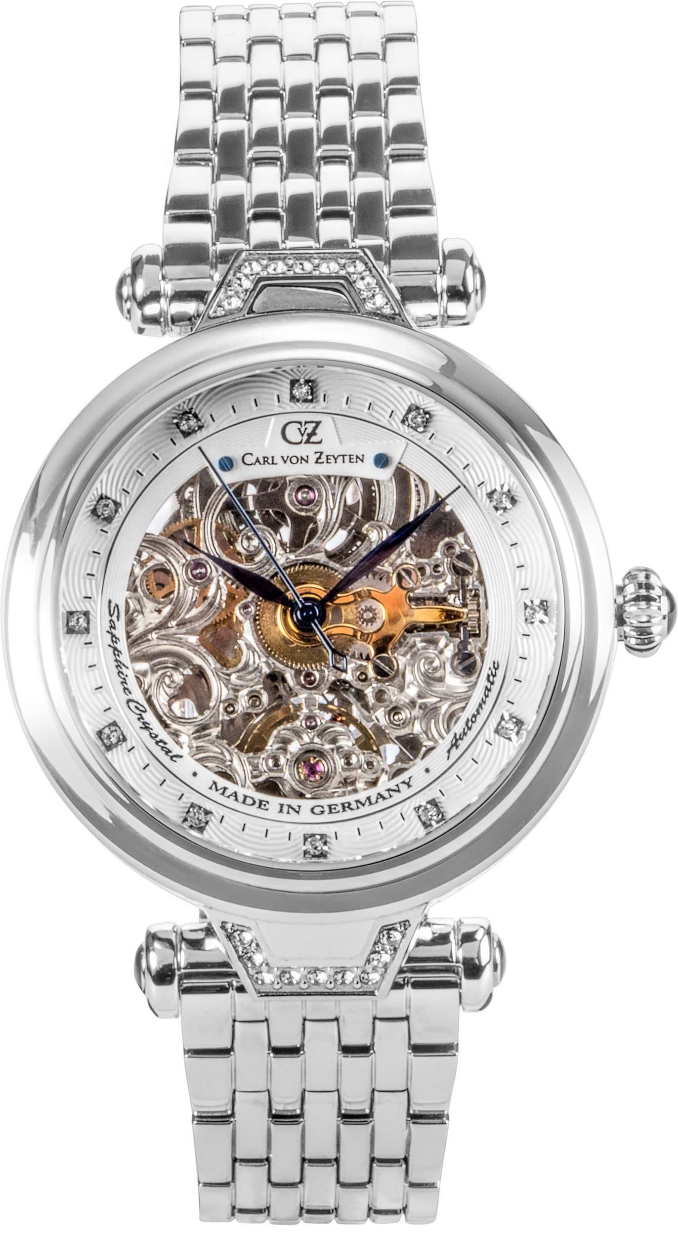 Carl von Zeyten Simonswald Automatik Damen Armbanduhr aus Edelstahl in der Farbe Silber-Weiß mit Schmucksteinen 38mm, Wasserdichtigkeit: 5Bar, CVZ0070WHMS