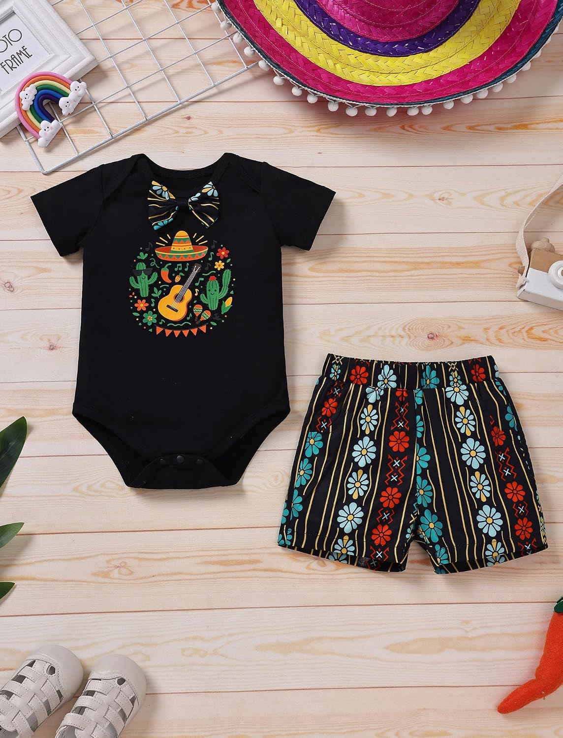 ODASDO Baby Boy Mexican Fiesta Outfit, Infant Bow Tie Short Sleeve Romper Shorts Set, Cinco de Mayo Parties Photo Shoots