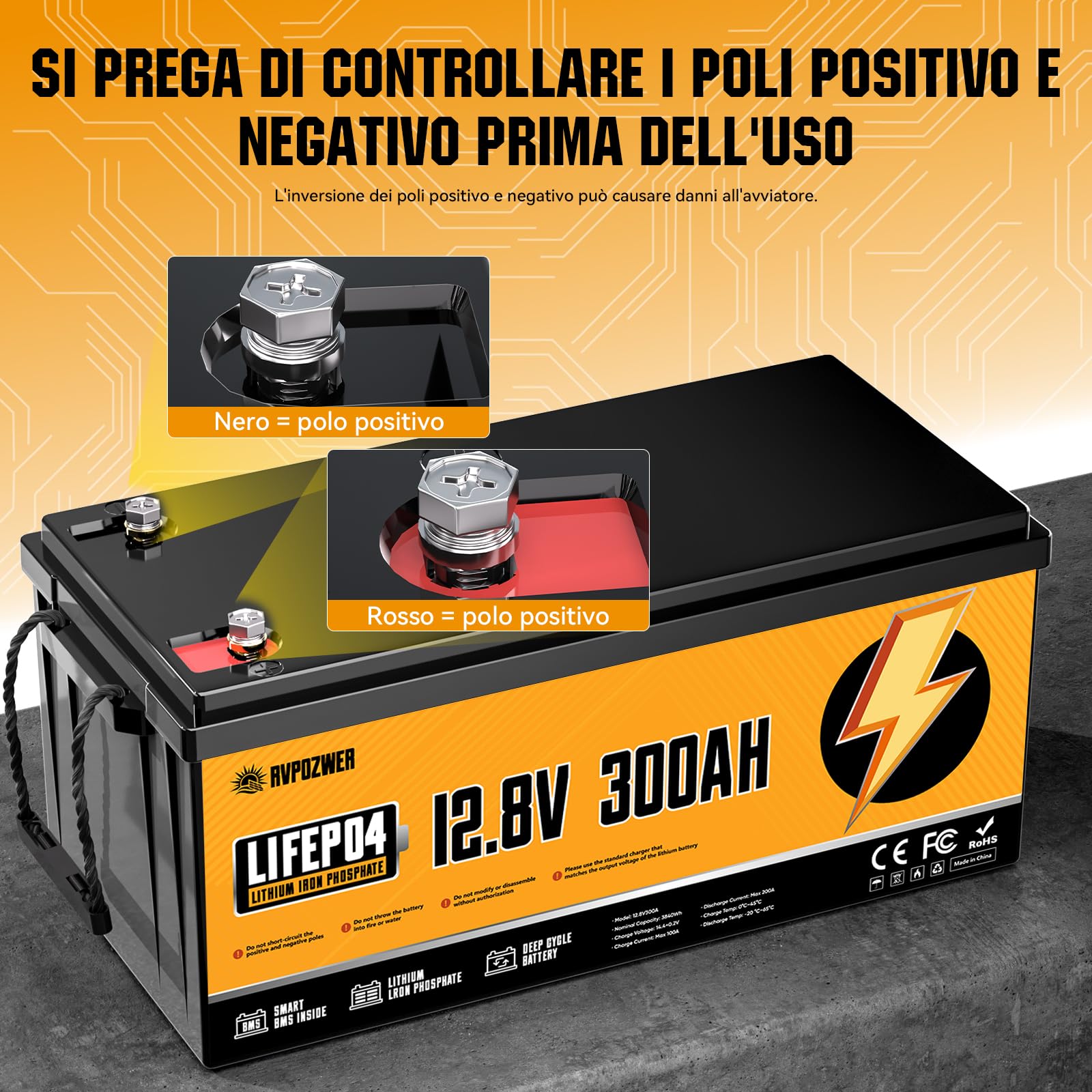 Batteria Litio 12V 300Ah, 3840Wh LiFePO4 Batterie, con BMS Integrato da 200A, 18000 Cicli a Scarica Profonda, Protezione Contro le Basse Temperature, per Off-Grid, Camper e Imbarcazioni