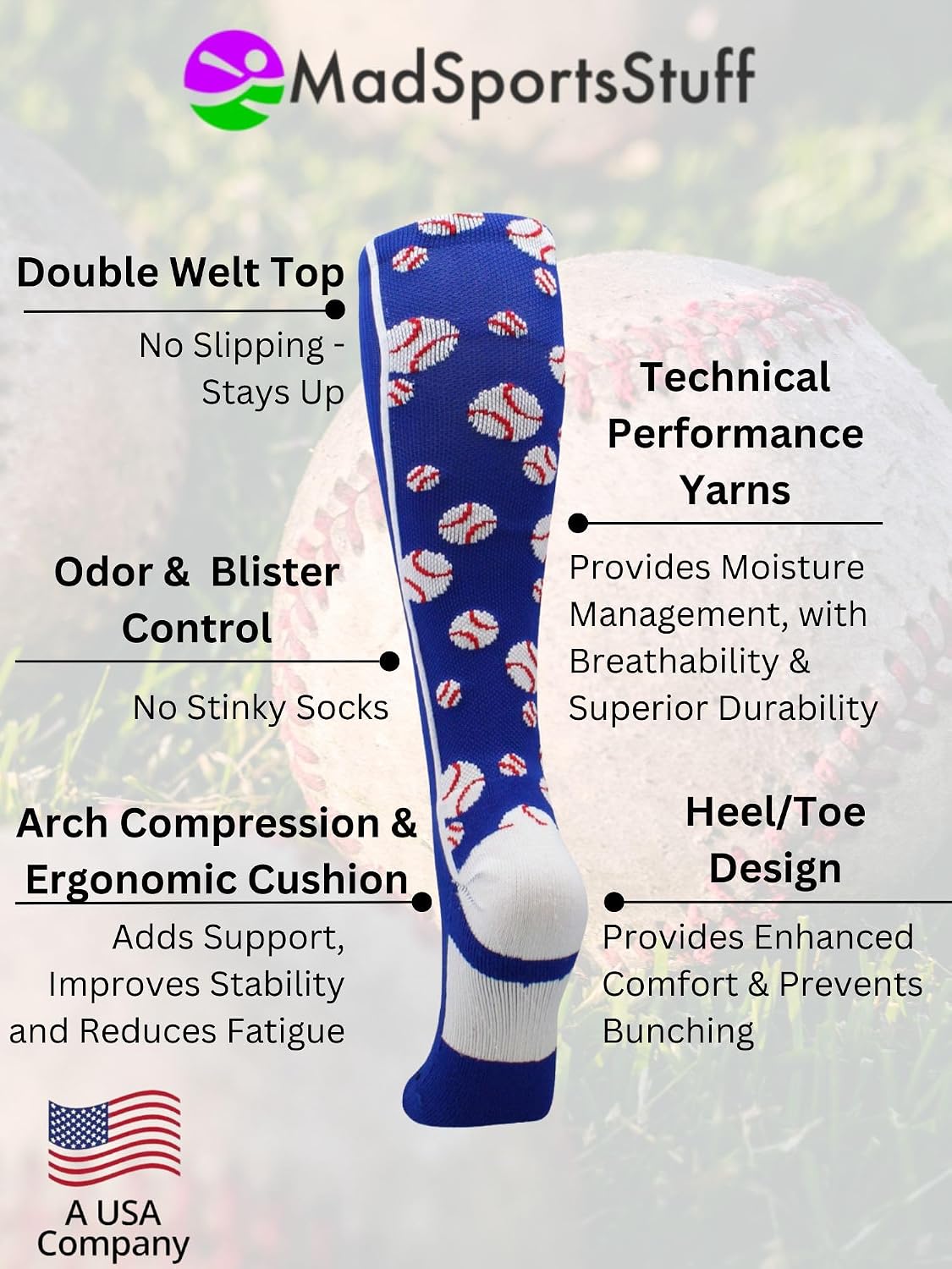MadSportsStuff Crazy Baseball Socks with Baseballs over the calf (multiple colors)
