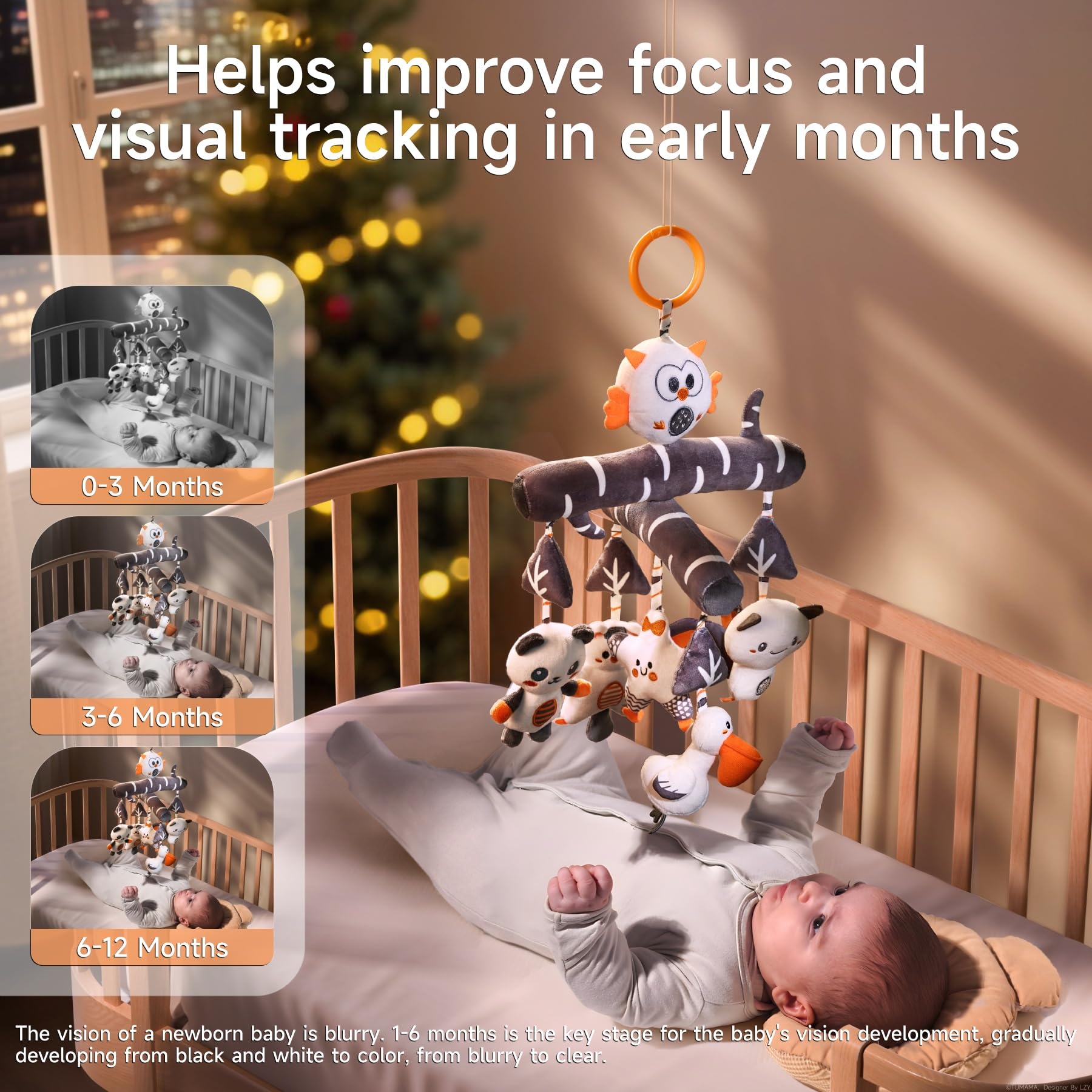 TUMAMA Baby Pram Toy from 0 2 3 4 6 8 9 12 Months, Contrast Black White Play Arch Pendant Gripping Toy Baby Toy with Sound - Image 4