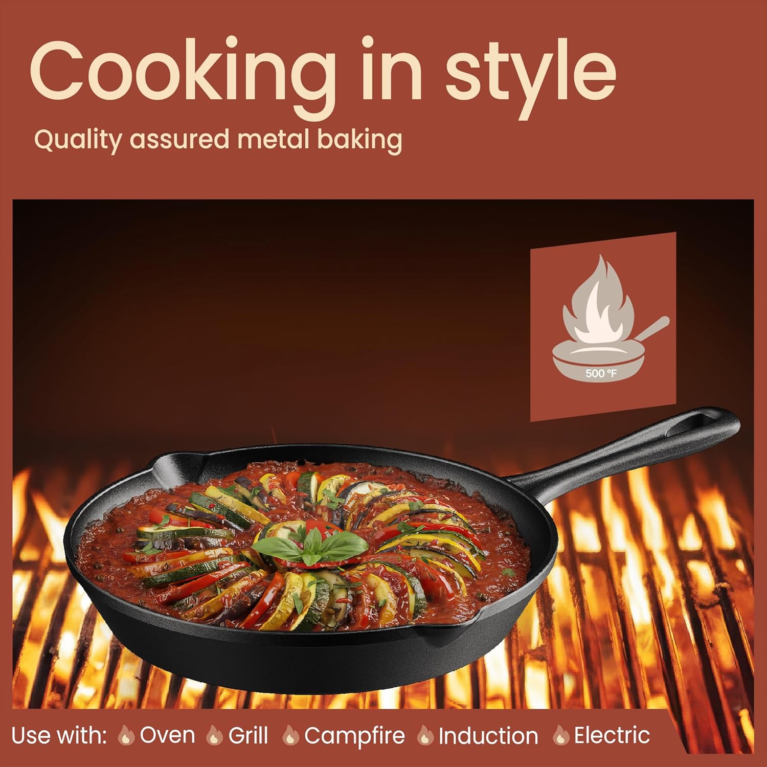 Bakken Pre Seasoned Cast Iron Skillet with Glass Lid & Silicone Handle,10" Frying Pan for Stove, Oven, Grill & Induction, Even Heat Distribution, Versatile All-Purpose Cookware for Searing & Frying - Image 3