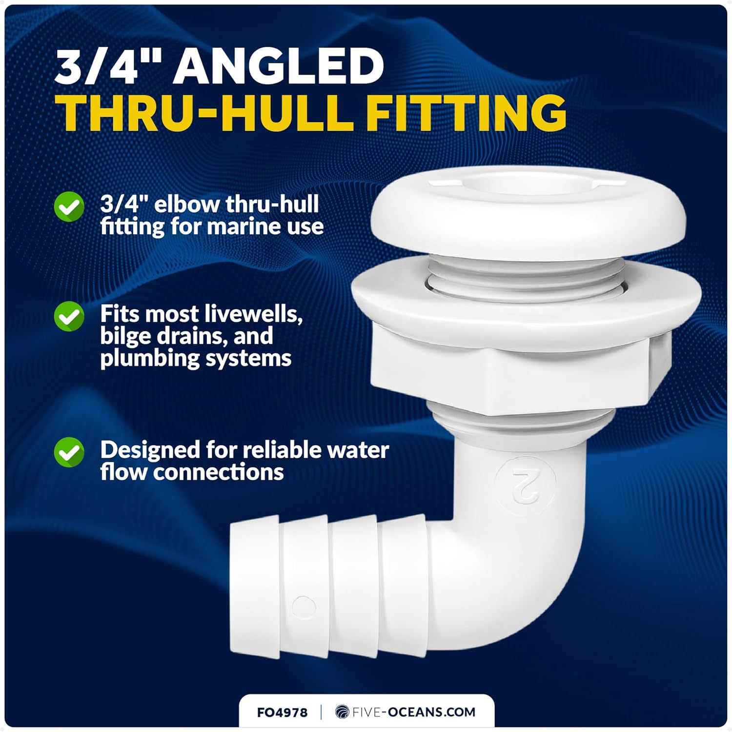 Five Oceans 3/4" Angled Thru-Hull Fitting - White ABS Plastic, 90-Degree Marine Boat Drain, Durable & Easy to Install for Boat, Pontoon, and Yachts - FO4978