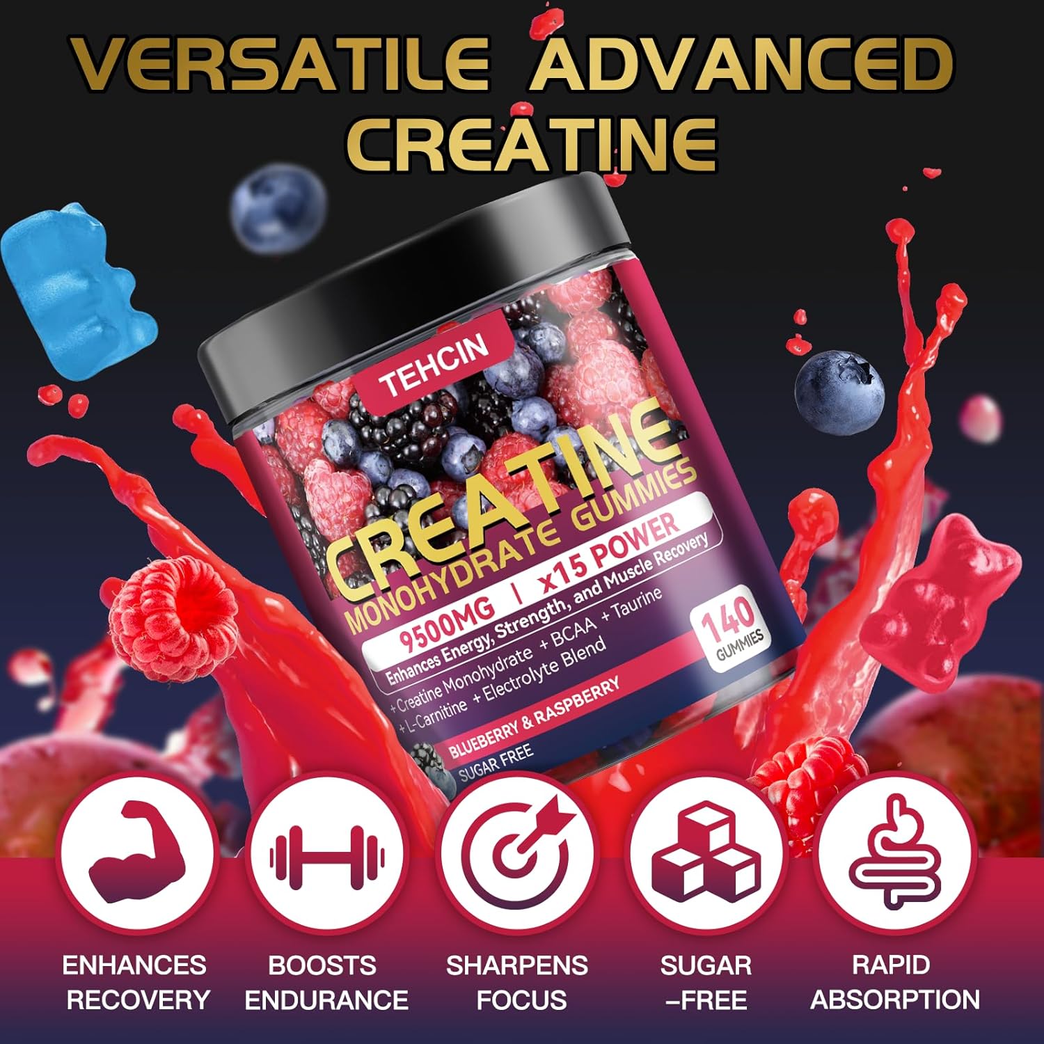Creatine Monohydrate Gummies Complex 9500mg for Men & Women - 140 Count Creatine Supplement with Electrolyte Blend and L-Taurine, Supports Muscle Growth, Strength and Recovery, Sugar Free