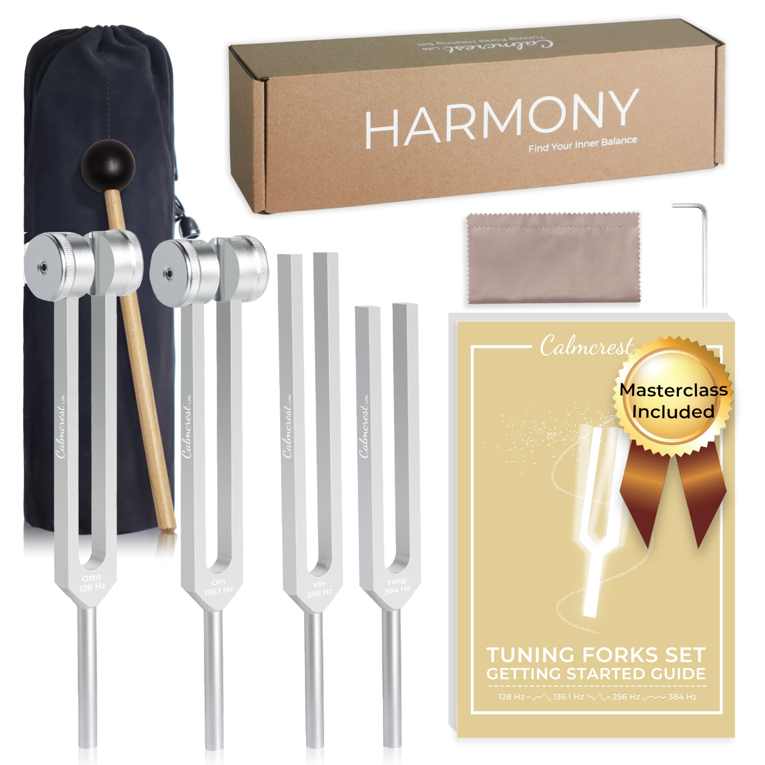 Tuning Forks for Healing Set (128Hz, 136.1Hz, 256Hz, 384Hz), Weighted & Unweighted Tuning Forks with a Rubber Mallet