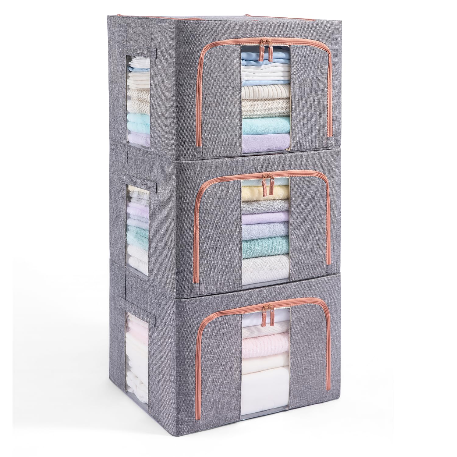 GuliPostan 3 Pack 66L Stackable Clothes Storage Bins with Metal Frame Handles & Zipper, Collapsible Closet Organizer Box with Lid for Bedding Blankets Towel (Grey)