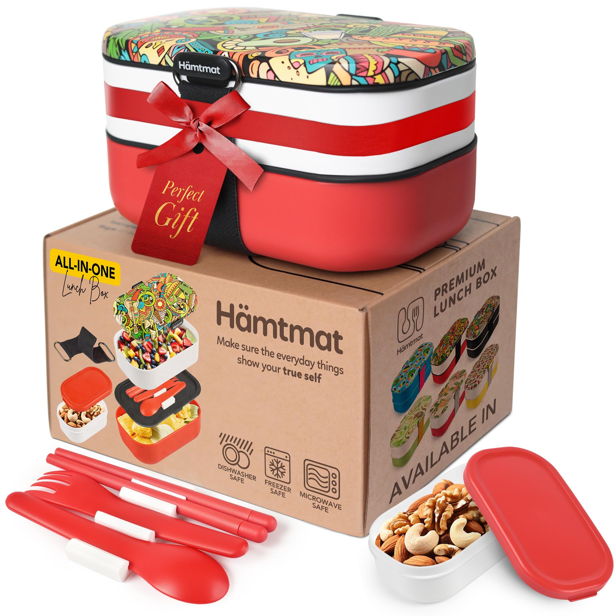 HÄMTMAT Adult Bento Box Lunch Container with Compartments for Work & Meal Prep, Set of Utensil & Chopsticks, Microwave & Dishwasher Safe, Leakproof Reusable Japanese Food Storage