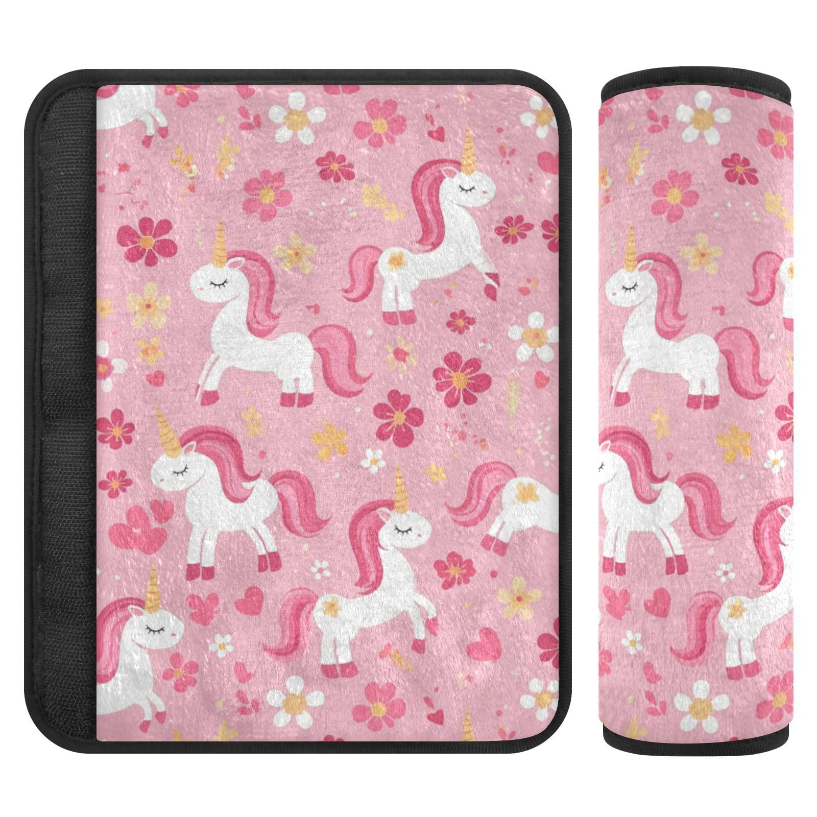Seat Belt Covers 2 Pack Cute Pink Unicorns Car Seat Strap Covers Super Soft Flowers Car Seat Neck Cover for Boys Girls Adults Babies M