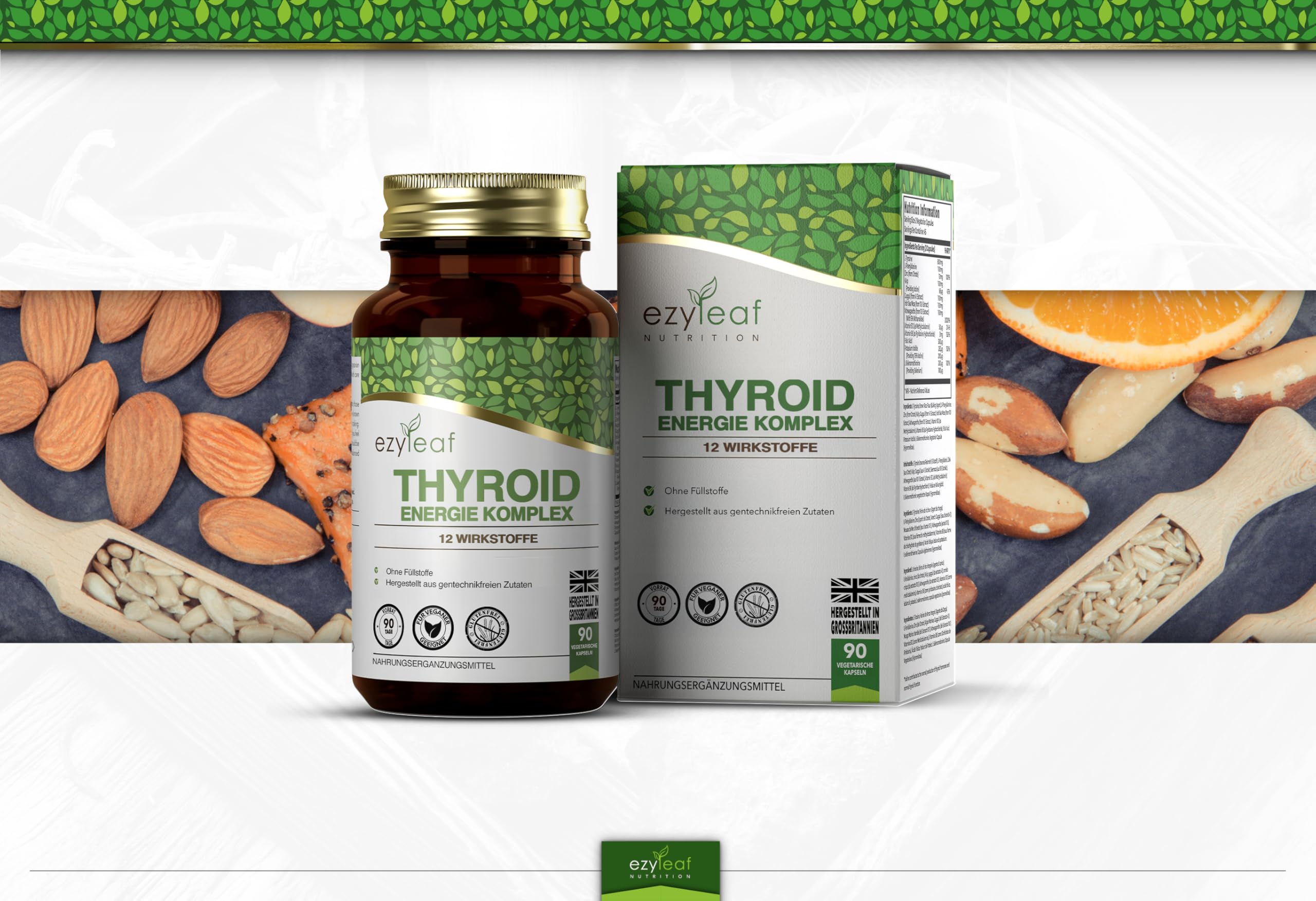 Ezyleaf Schilddrüsenkomplex | L Tyrosin L Phenylalanine Jod Tabletten | Mit Ashwagandha, Jod, Zink, Kelp, Seemoos, Potassium Iodide, Guggul-Extrakt und Selen | 90 L-Tyrosin Kapseln | ISO-zertifiziert