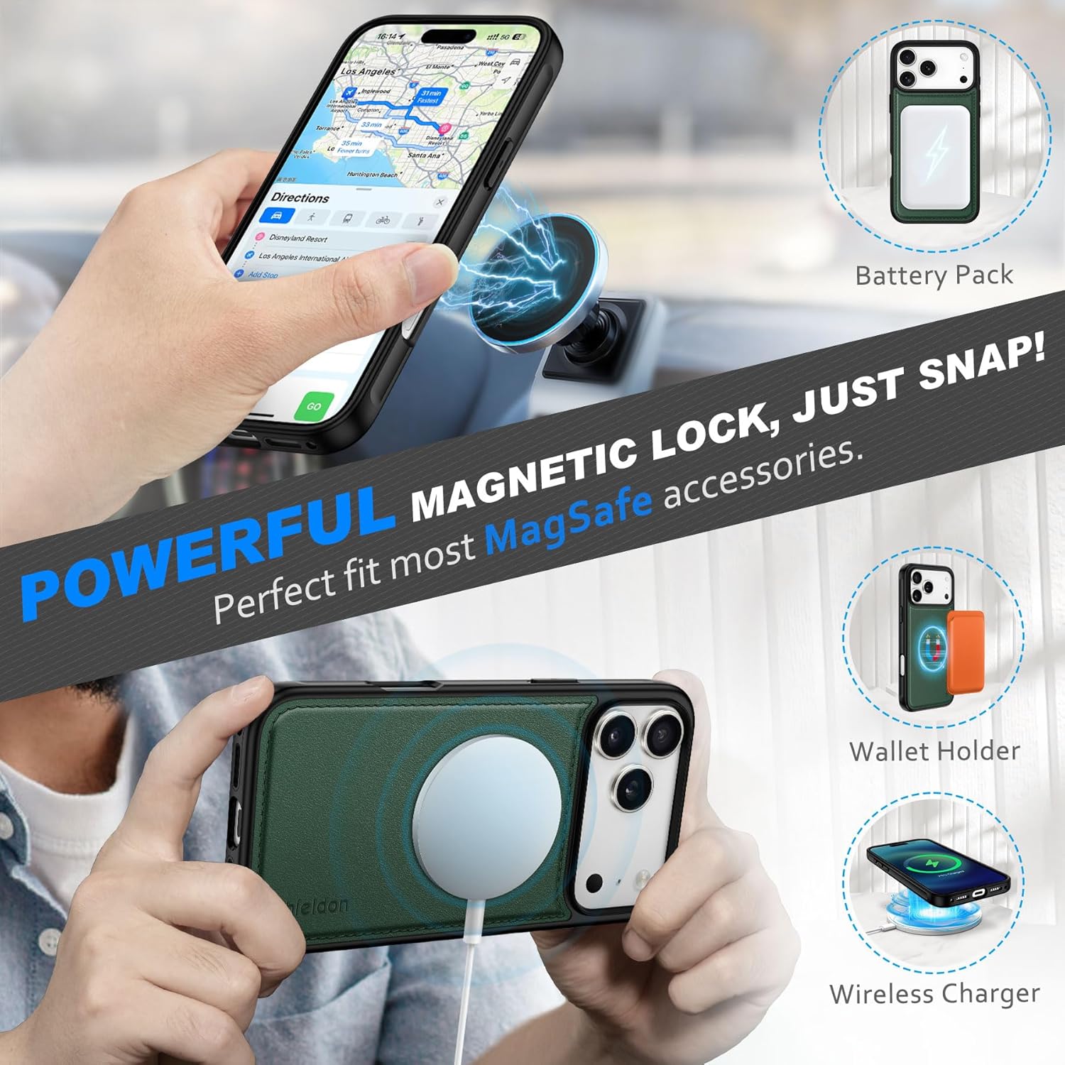 SHIELDON Detachable Leather Case Wallet for iPhone 17 Pro Max 6.9-inch | 2 in 1 Design, Flip Magnetic Cover, Wireless Charging, Kickstand, RFID Blocking Credit Card Holder 2025 - Evergreen
