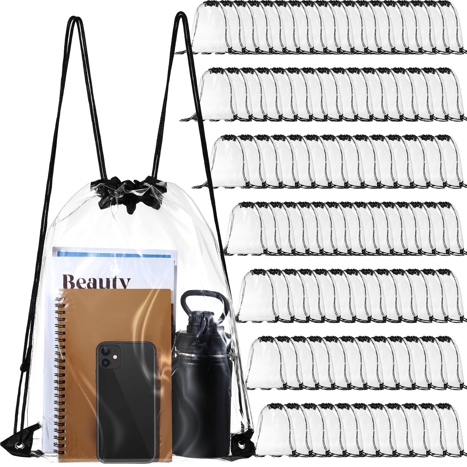 Silkfly 150 Pcs Clear Drawstring Backpacks Bulk Stadium Approved Bags for Men Women Gym Sport Colleges Event Security (Black)