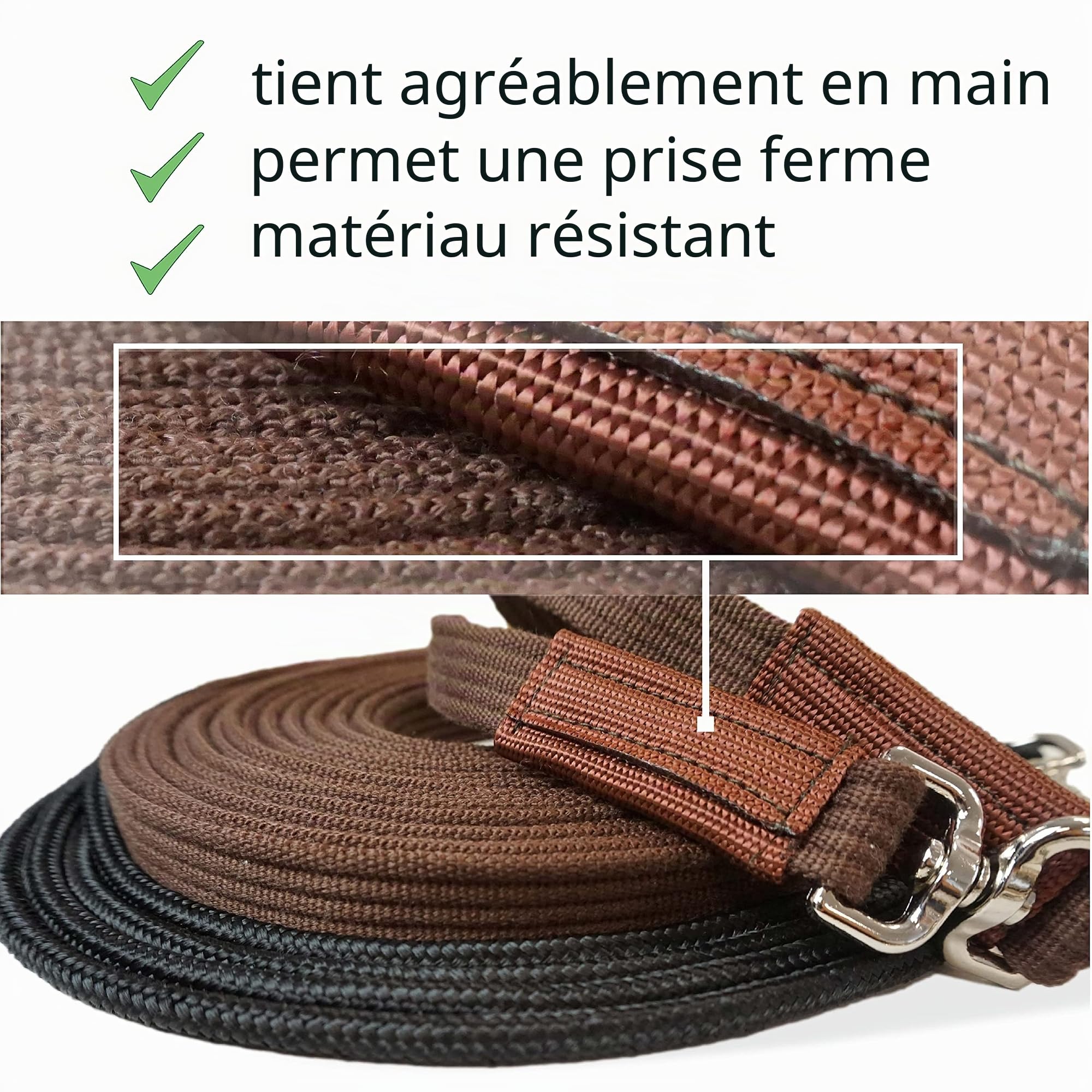 Laisse double longe pour cheval, idéale pour le travail au sol, pour la gymnastique, longueur : 16 m (1 double longe marron)
