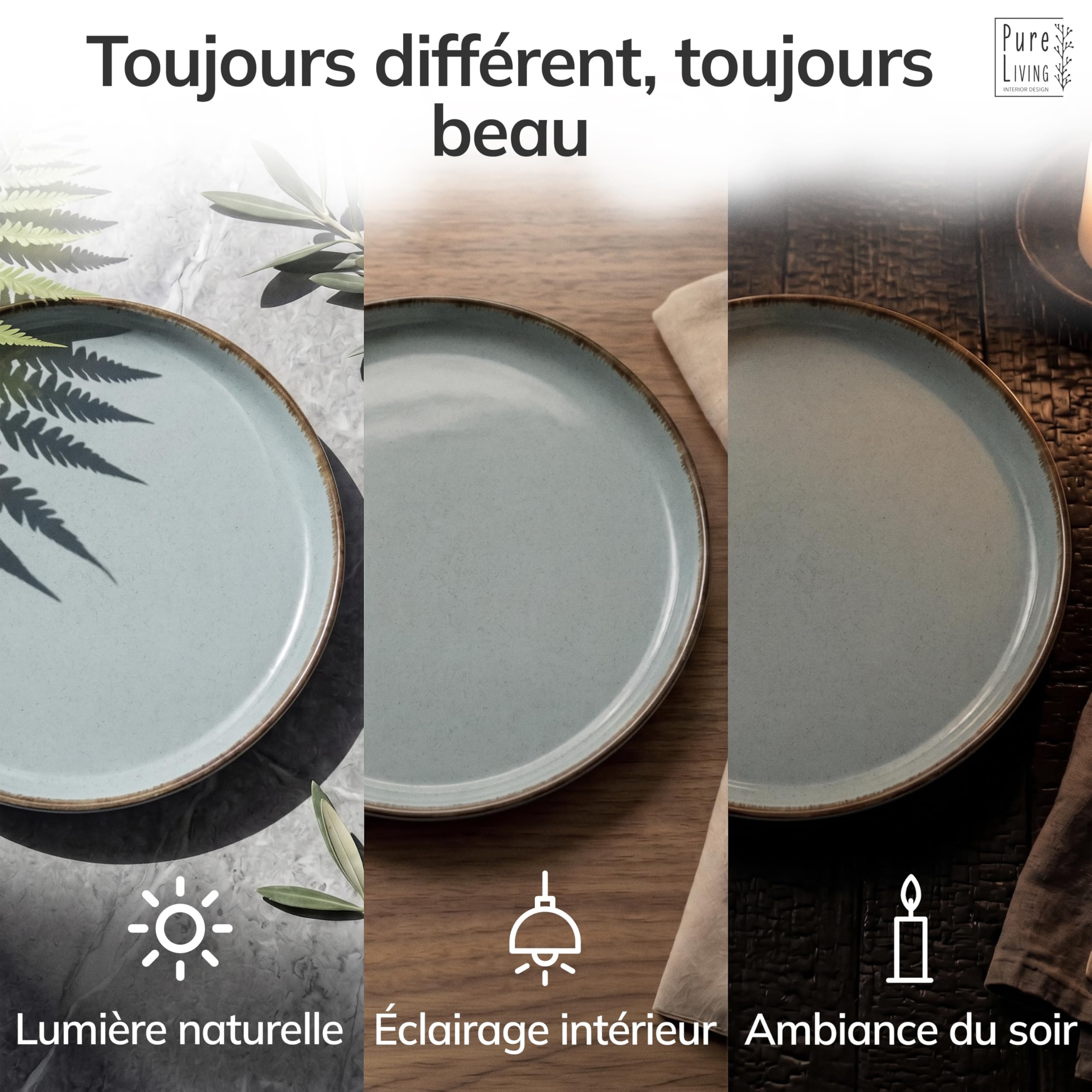 Assiettes creuses en grès Rustic - Lot de 6 - Vaisselle style maison de campagne Pure Living pour soupes, pâtes et salades - Passe au lave-vaisselle - Bleu fumé