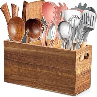 ALELION Acacia Wood Utensil Holder Organizer for Counter - Large Wooden ...