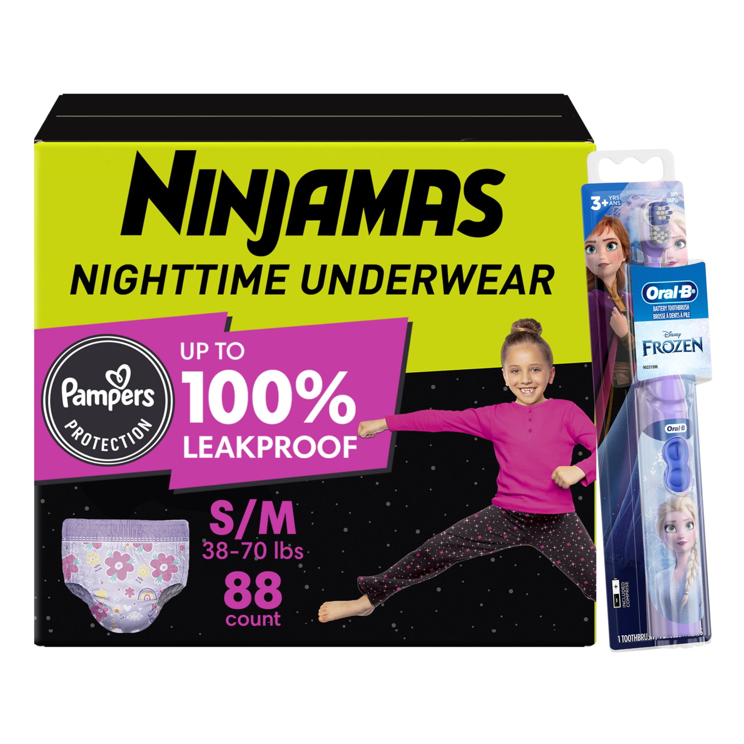 Pampers Ninjamas + Oral-B Toothbrush, Nighttime Training Pants Girls, 88 Count Size S/M &amp; Oral-B Power Kid's Toothbrush Disney's Frozen