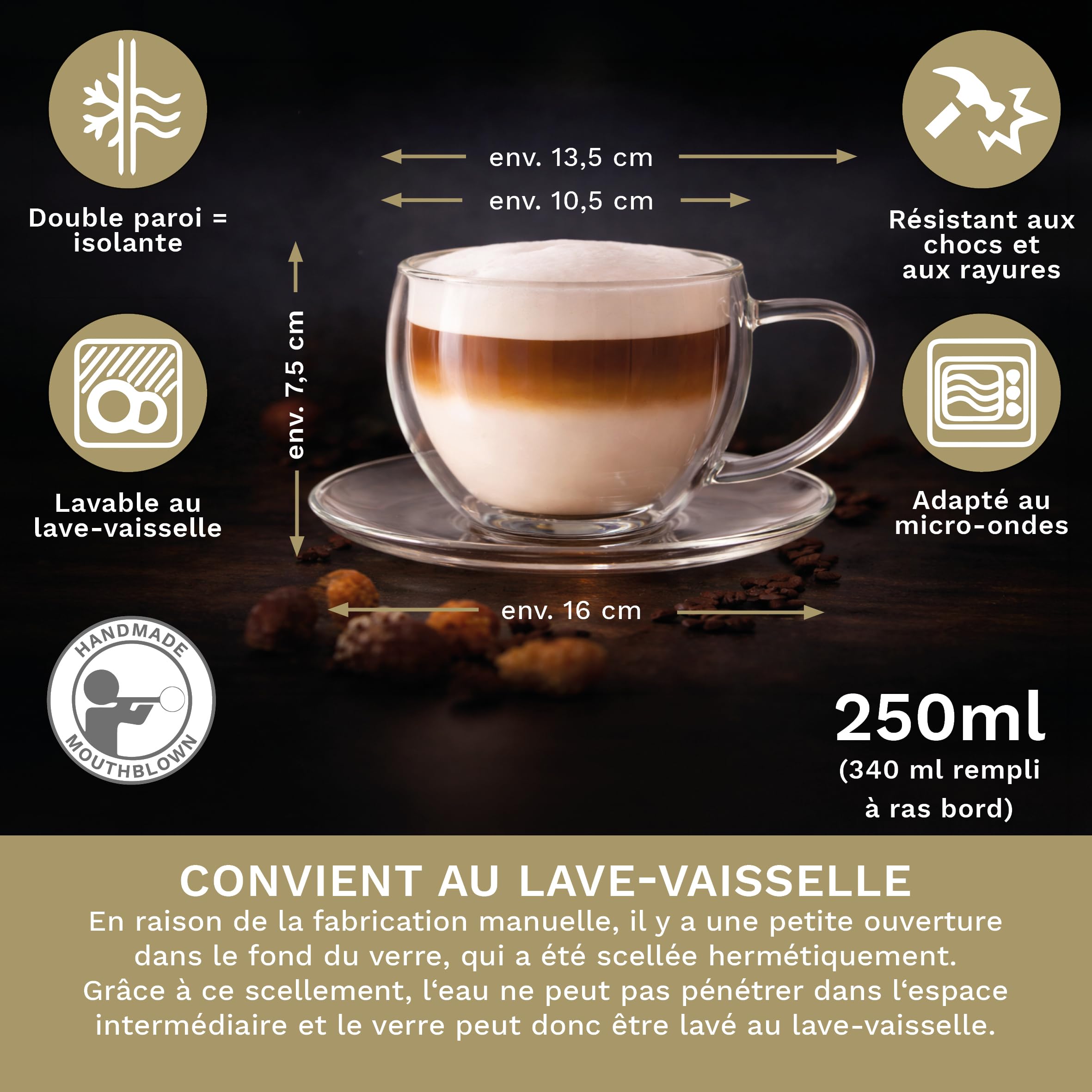 Creano Lot de 6 Tasses à Café Double Paroi 250 ml avec Anse et Sous-tasse – Verres Isothermes en Borosilicate pour Boissons Chaudes & Froides