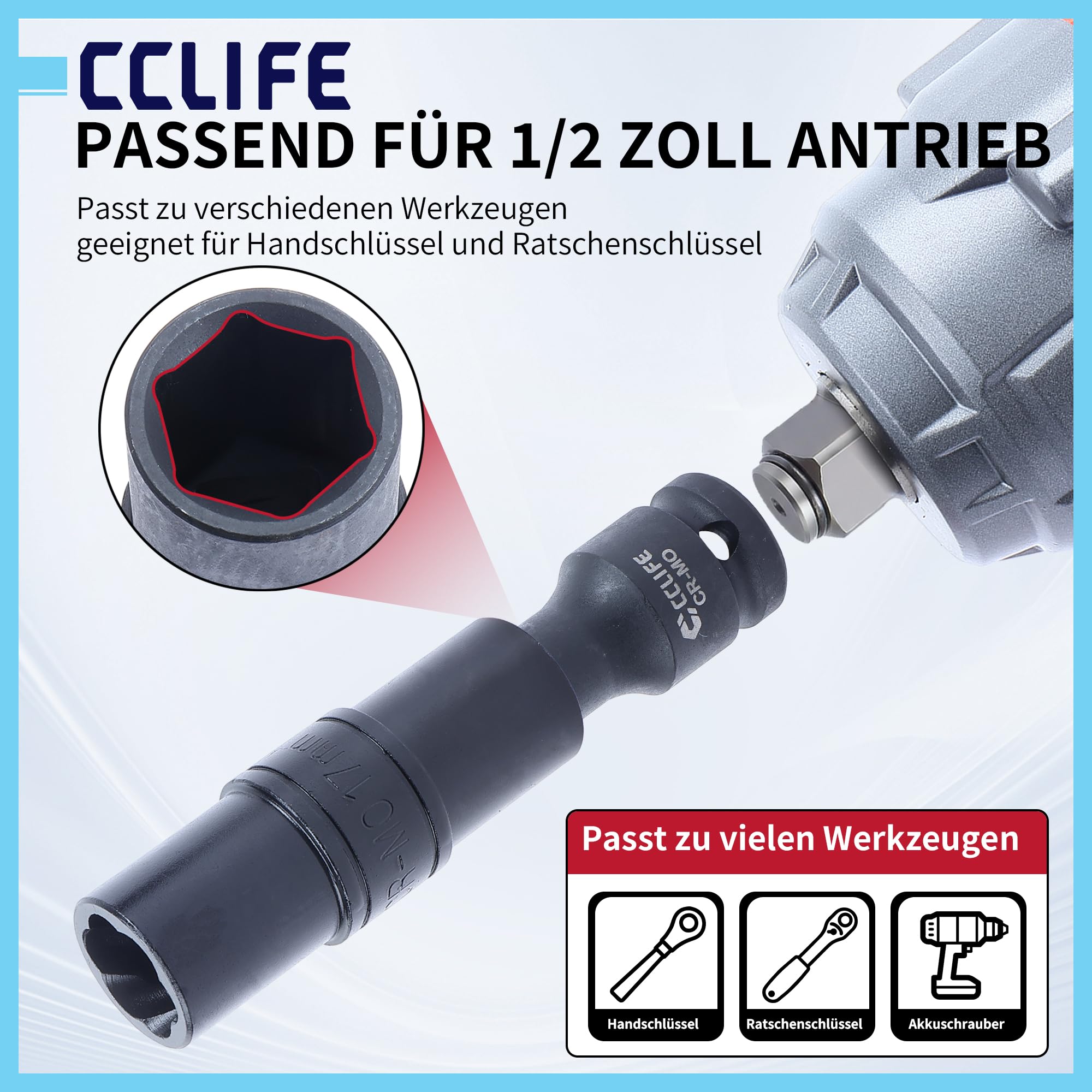 CCLIFE Zestaw wykrętaków nakrętek 1/2 cala - 17/19/21 mm Twist Socket Set - Damaged Lug Nut Extractor for Rusted & Rounded Bolts - CR-MO Steel Sockets for Auto Workshop & DIY