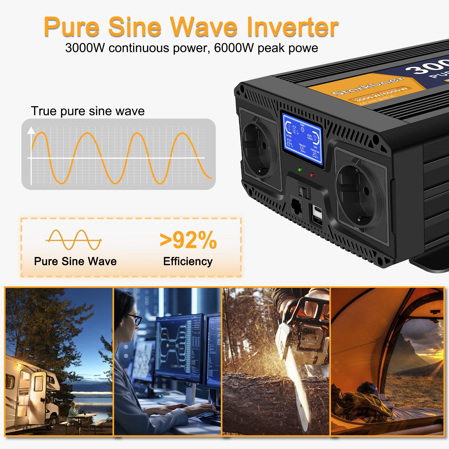 3000W/6000W inversor 12V 220V Onda Pura, Transformador 220v a 12v, convertidor para Coche, con Pantalla LCD, Mando, Enchufe CA y USB-C. Ideal para autocaravanas, Coches, Solar, Camping y apagones