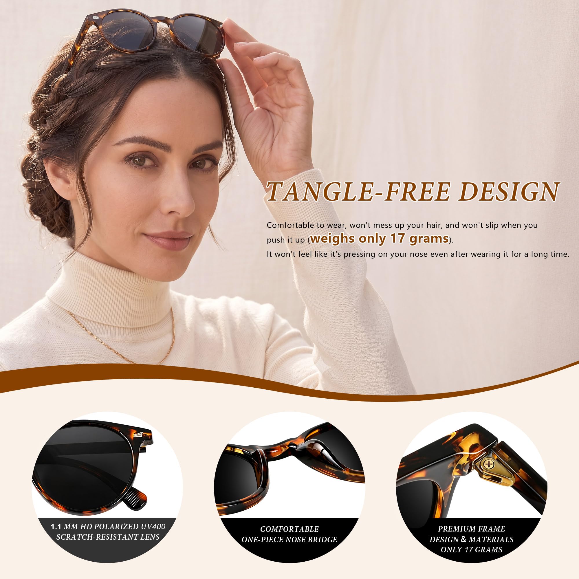 DHSHINE Occhiali da sole polarizzati rotondi classici da donna, stile vintage, protezione UV400 (confezione da 3)