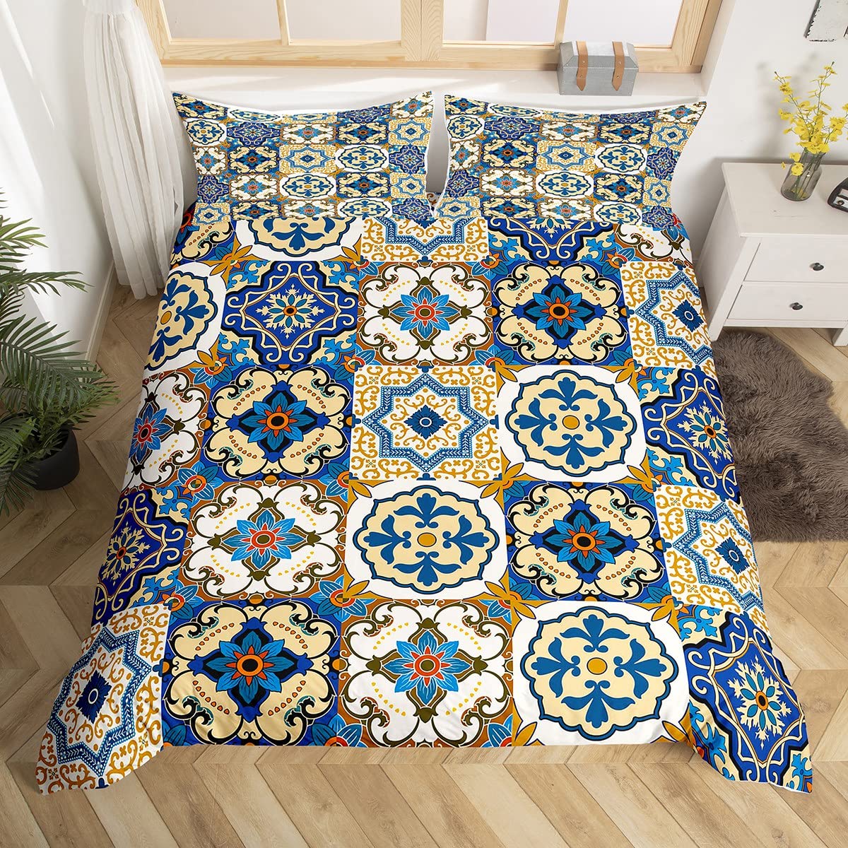 Homewish Floral Medallion Bedding Set King Oriental Comforter Cover Tribal Flower Bed Set Bohemian Hippie Duvet Cover Geometric Patchwork Quilt Cover For All Seasons Cozy