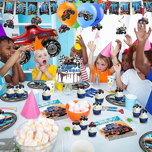 Miniatura 6 de Suministros para fiesta de cumpleaños Turck, decoración de fiesta de cumpleaños temática de camión, incluye pancarta de feliz cumpleaños, globos,