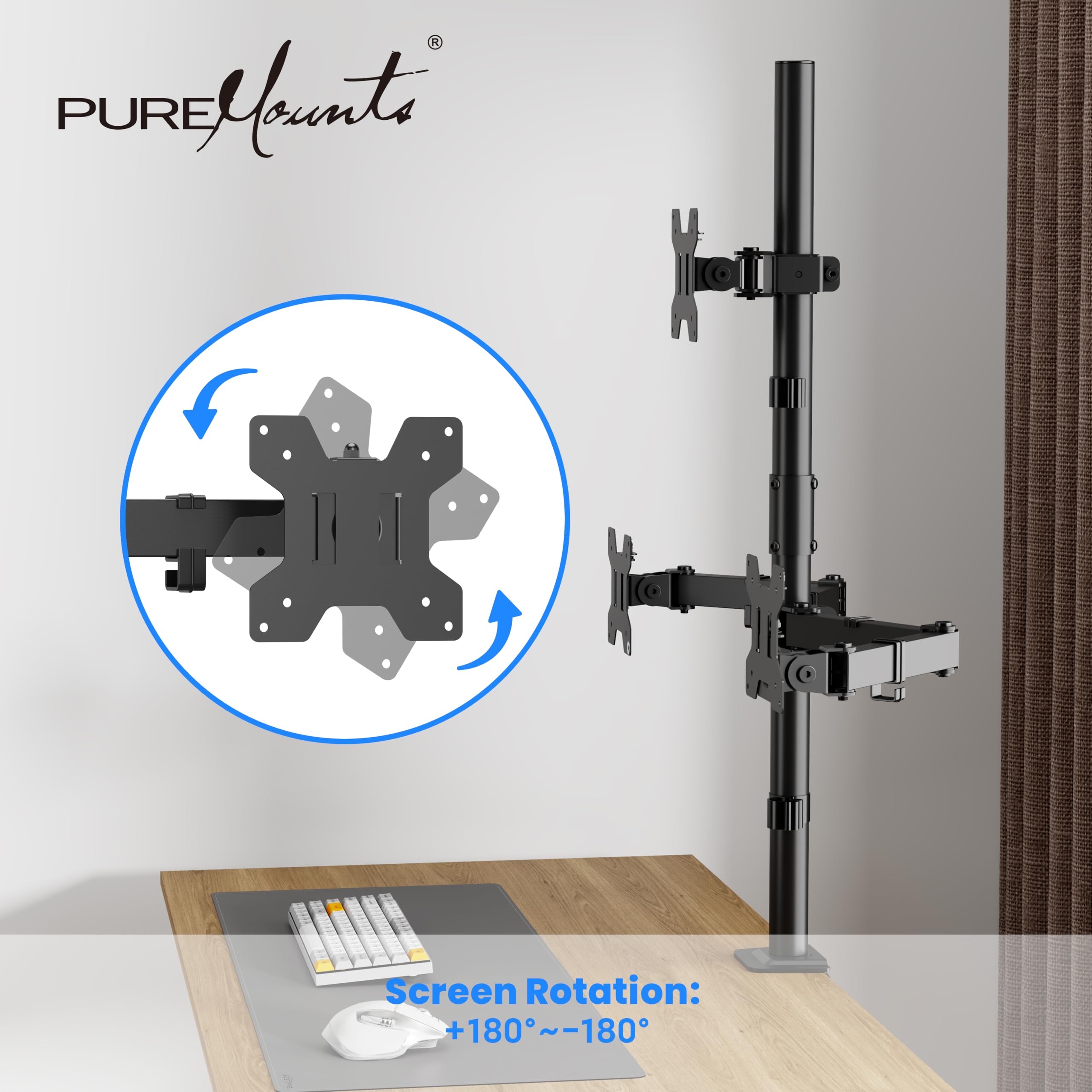PureMounts Support Triple écran superposé 17-32 Pouces, VESA 75/100