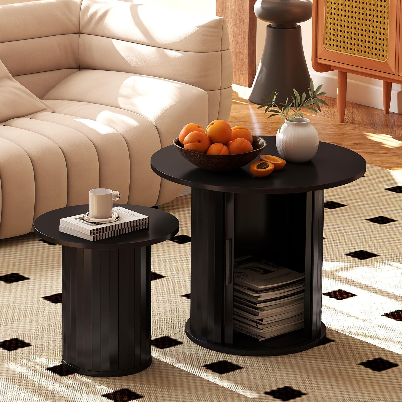 cosvalve nesting coffee table set of 2 with hidden storage & sliding door, circle wood coffee table, farmhouse side & end table sets for living room, small spaces, black (1 box) 