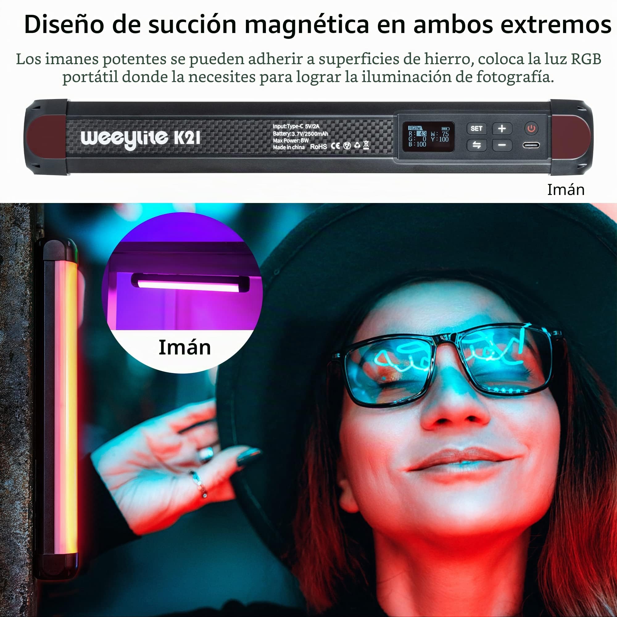 Weeylite K21 RGB Varita de luz de vídeo LED de mano para fotografía, 1200 lúmenes con control Bluetooth (APP), regulable a todo color, 2500-8500 K, imán integrado recargable y de larga duración