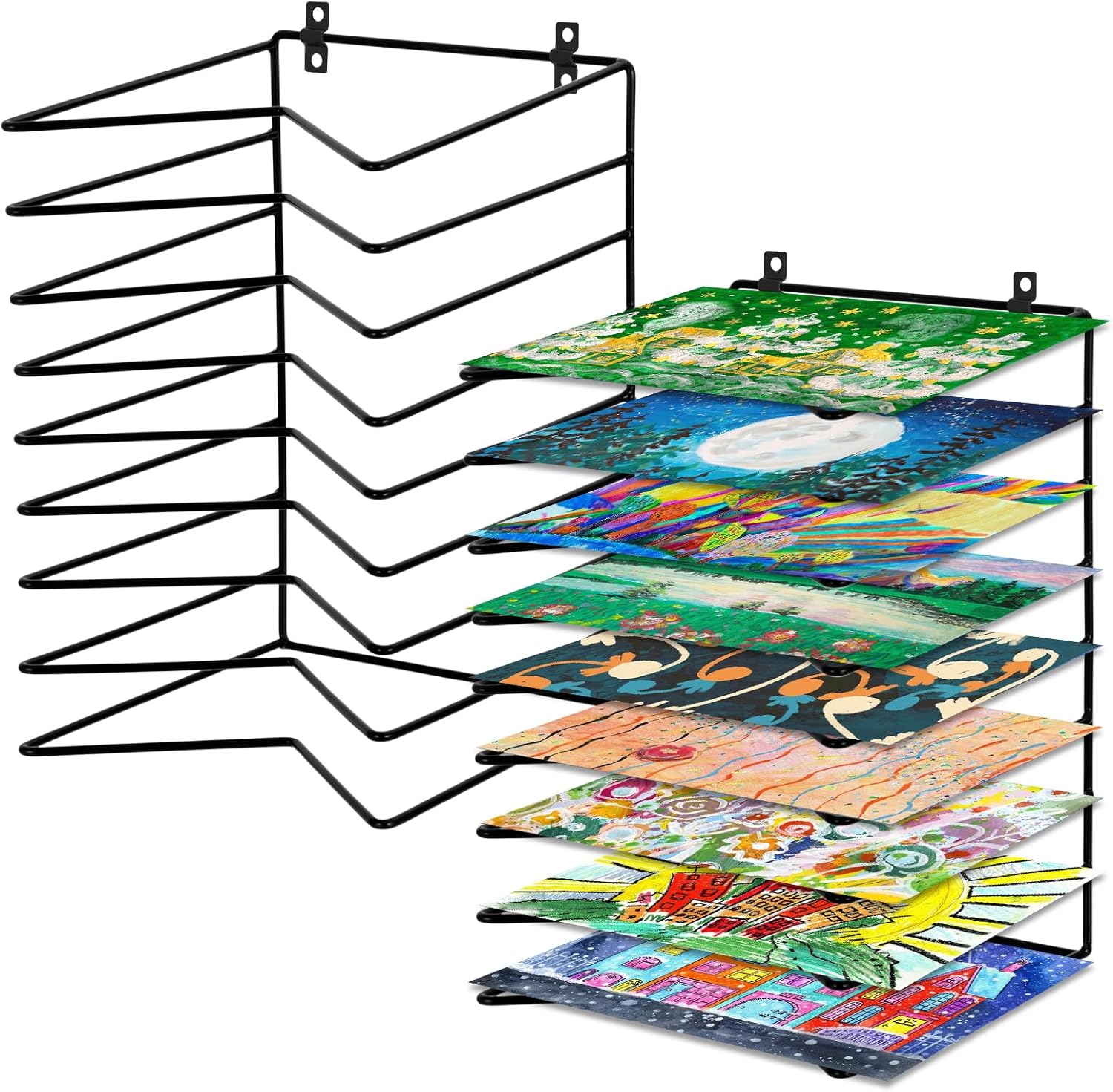 Rainmae 2 Pack Art Drying Rack for Classroom 9-Shelf Paint Drying Metal Racks Wall Mount & Desktop Stand for Art Studio School Artboard Storage and Paper Organization