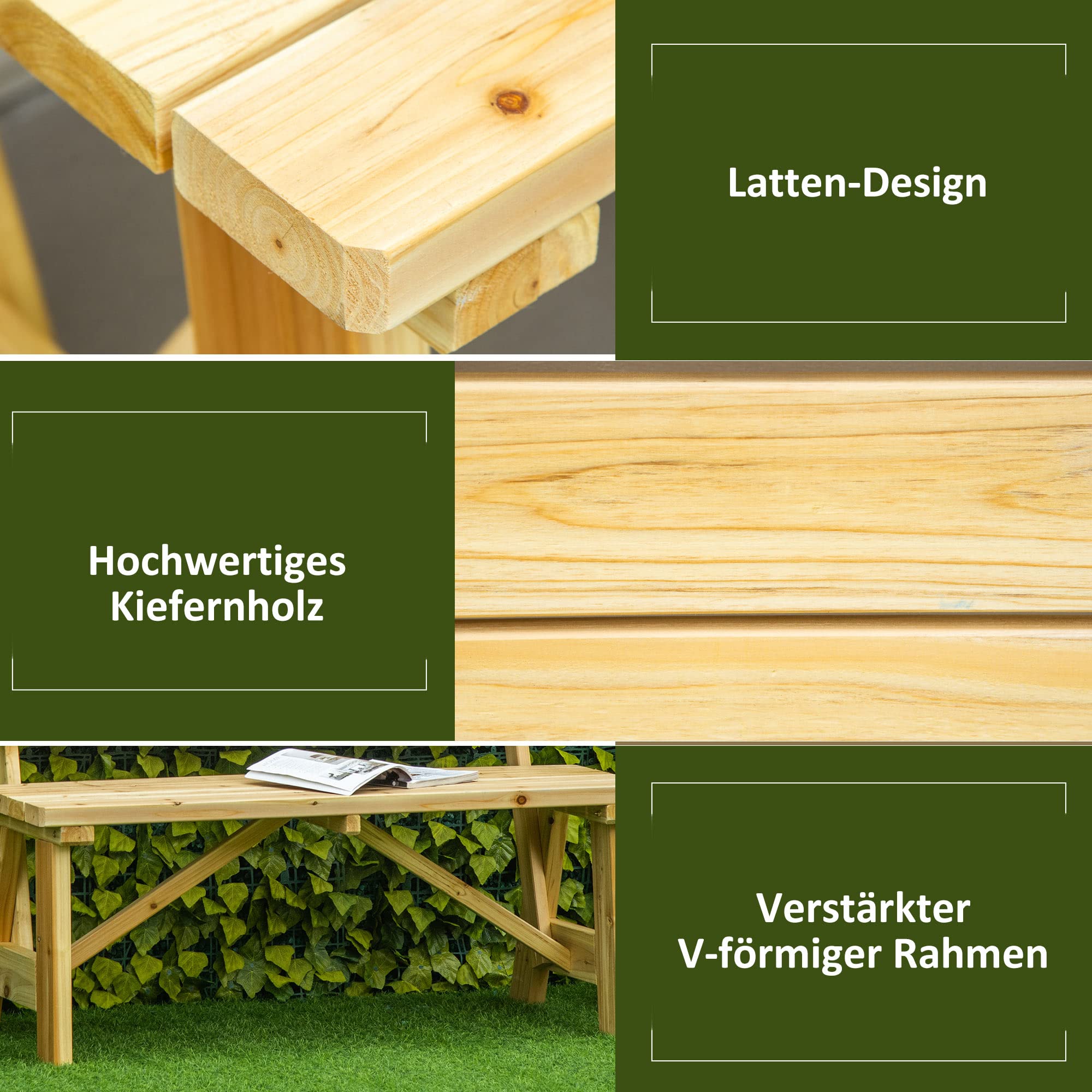 Outsunny 2-Sitzer Gartenbank Holz, wetterfest Sitzbank, UV-Beständig Gartenmöbel mit Rückenlehnen, Parkbank 220kg belastbar, Balkonbank, Holzbank für Balkon Terrasse, Garten, 116 x 56 x 80 cm, Natur