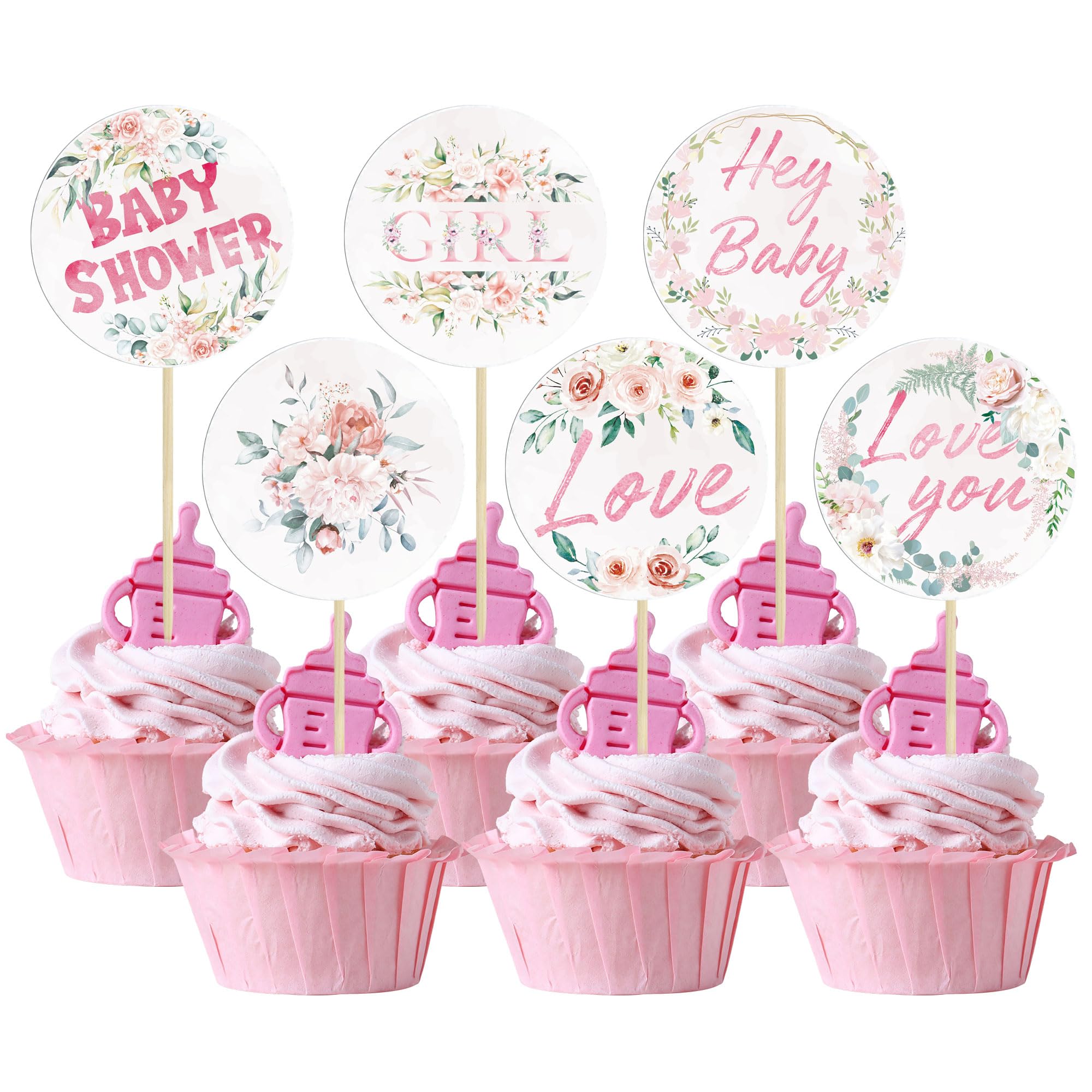 Gyufise 36Pcs Baby Cupcake Toppers Baby Shower Party Supplies Picks Floral Theme Baby Shower Cupcake Toppers Gender Reveal Cupcakes Cake Decorations for Baby Birthday Party