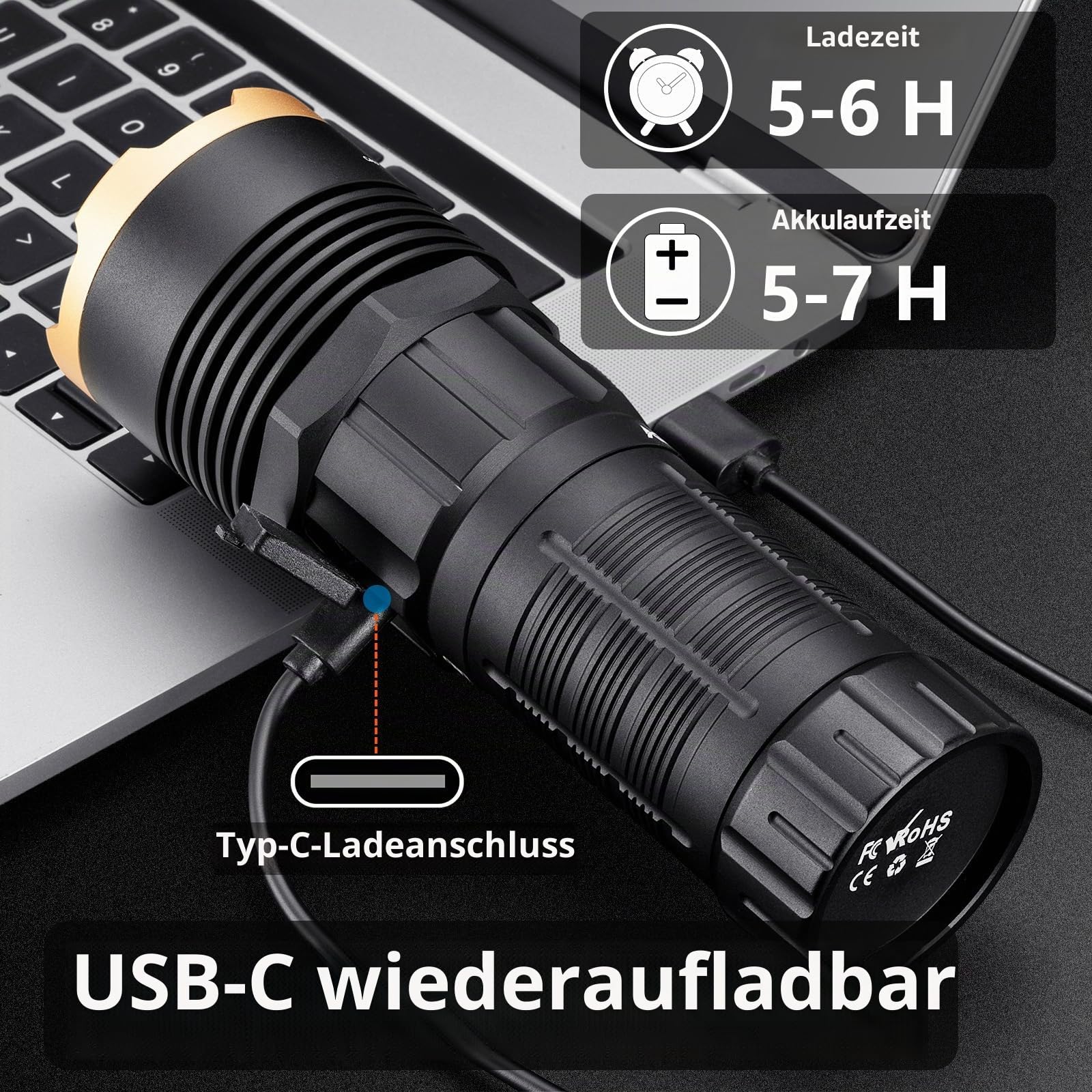 Alonefire X100 LED Taschenlampe 2050 Lumen Superhell USB C Aufladbar 5 Einstellbare Modi Wasserdichte Rückwärtsladung mit Akku für Camping, Notfälle, Wandern, Zuhause