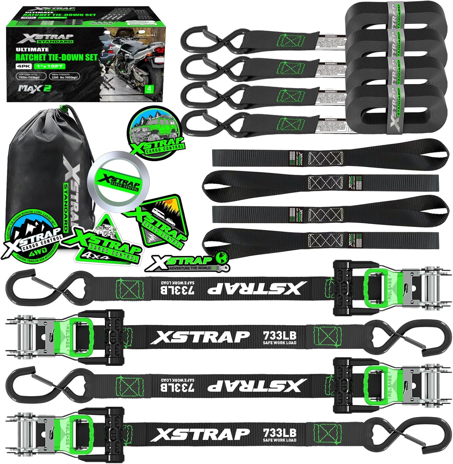 XSTRAP STANDARD 4PK Motorcycle Tie Down Straps - 1" x 15ft, 2,200lb Break Strength, Soft Loop Straps with Safety Lock S Hooks, Black Loops & Stickers, for Moving, Trucks, Cargo, Lawn Equipment, Black
