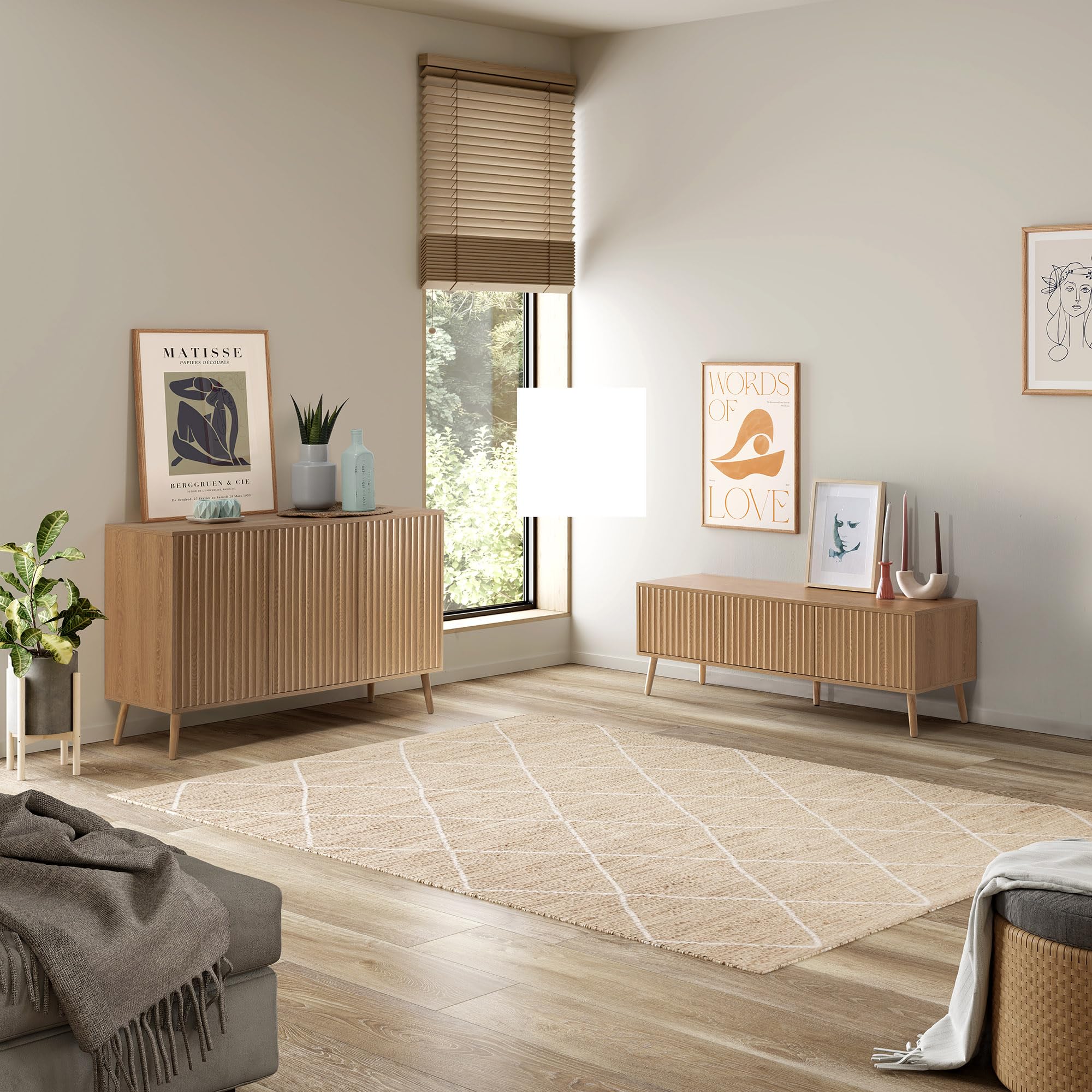 HOMN LIVING Aparador Lluvia 3 Puertas Color Roble, 120 cm (Ancho) 40 cm (Profundo) 76 cm (Altura)