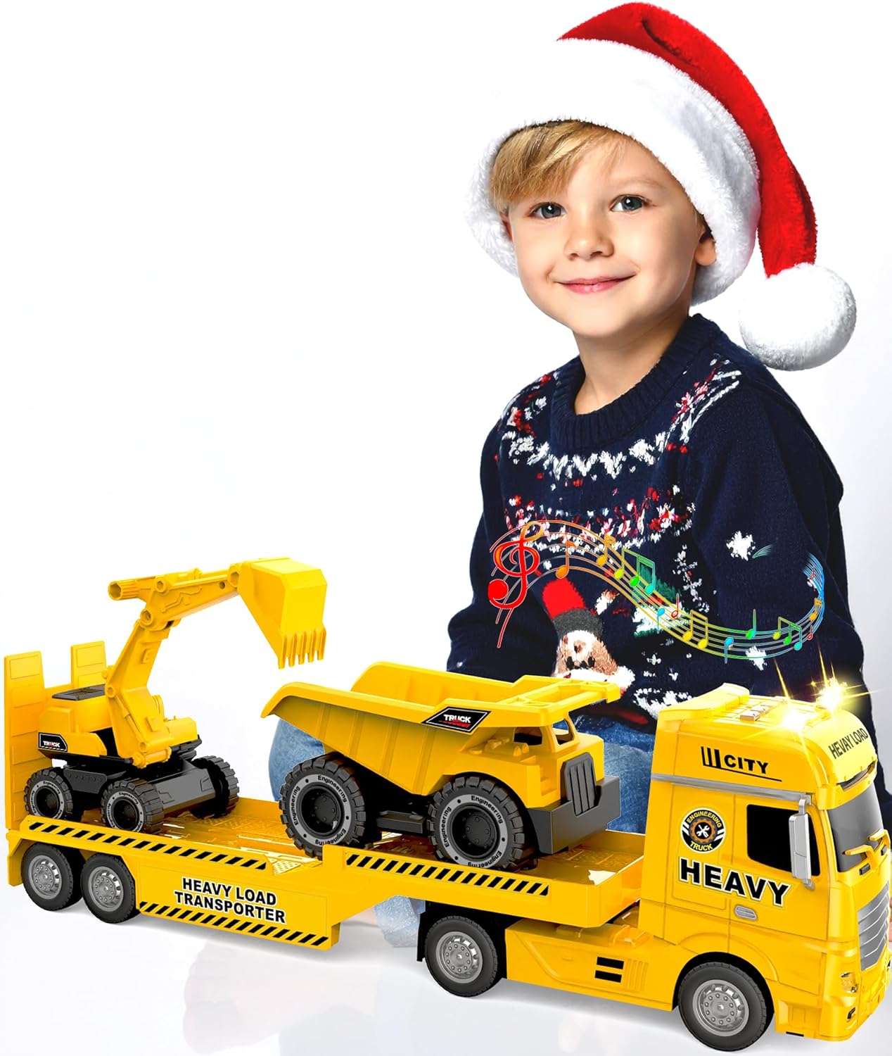 Construction Carrier Truck Toy with Excavator and Dump Truck, Friction Powered Toddler Toys with Light and Sounds, Gifts for Age 3+Years Old Boys & Girls